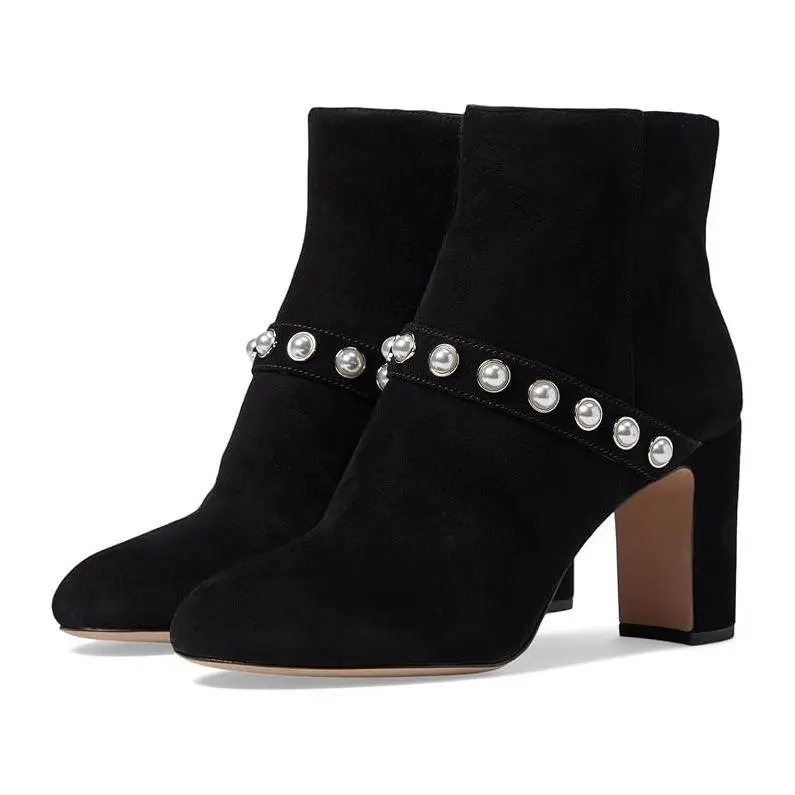 New Womens Kate Spade New York Stunner Suede Pearl Black Booties Boots 9.5