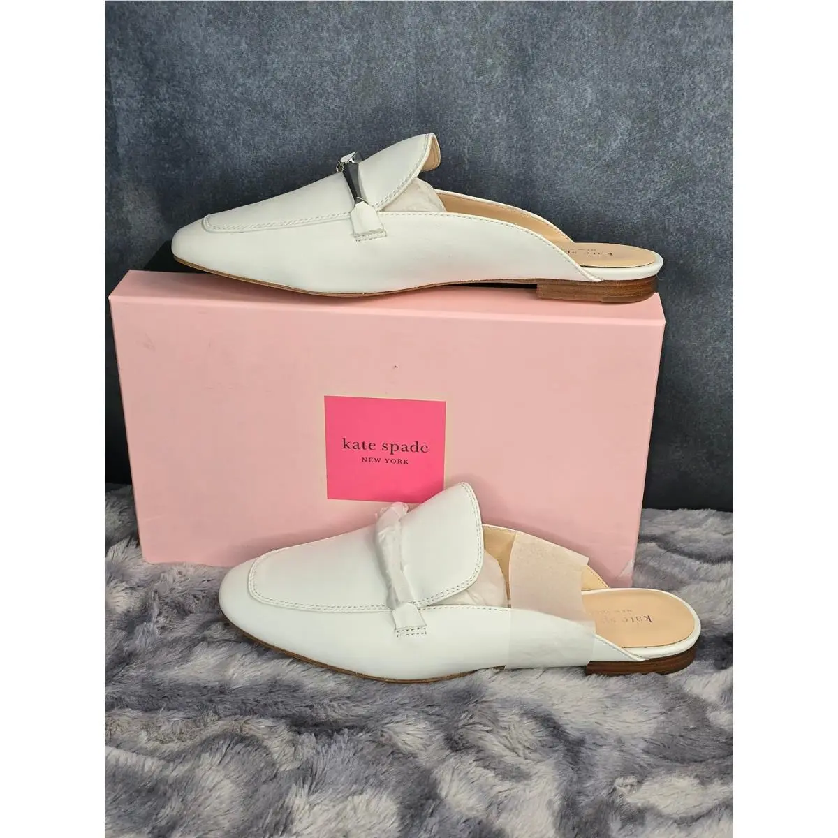 Kate Spade Laura Mule Loafer Optic White Nappa Leather w/ Silver Womens 9