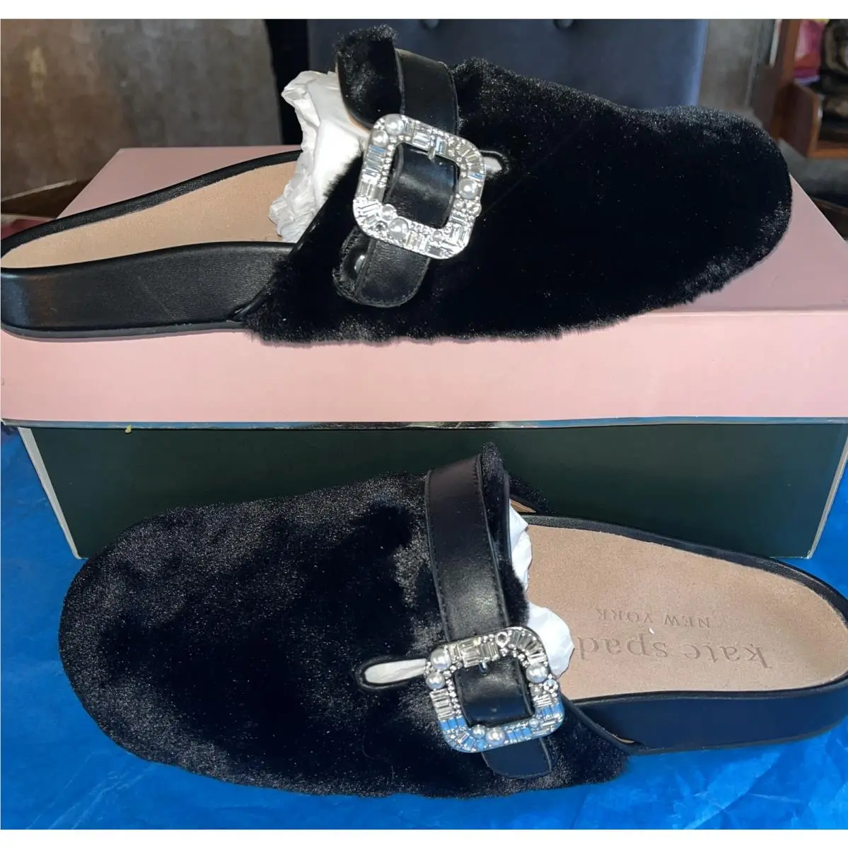 Kate Spade Cici Fur Buckle Slide Slippers Size 11