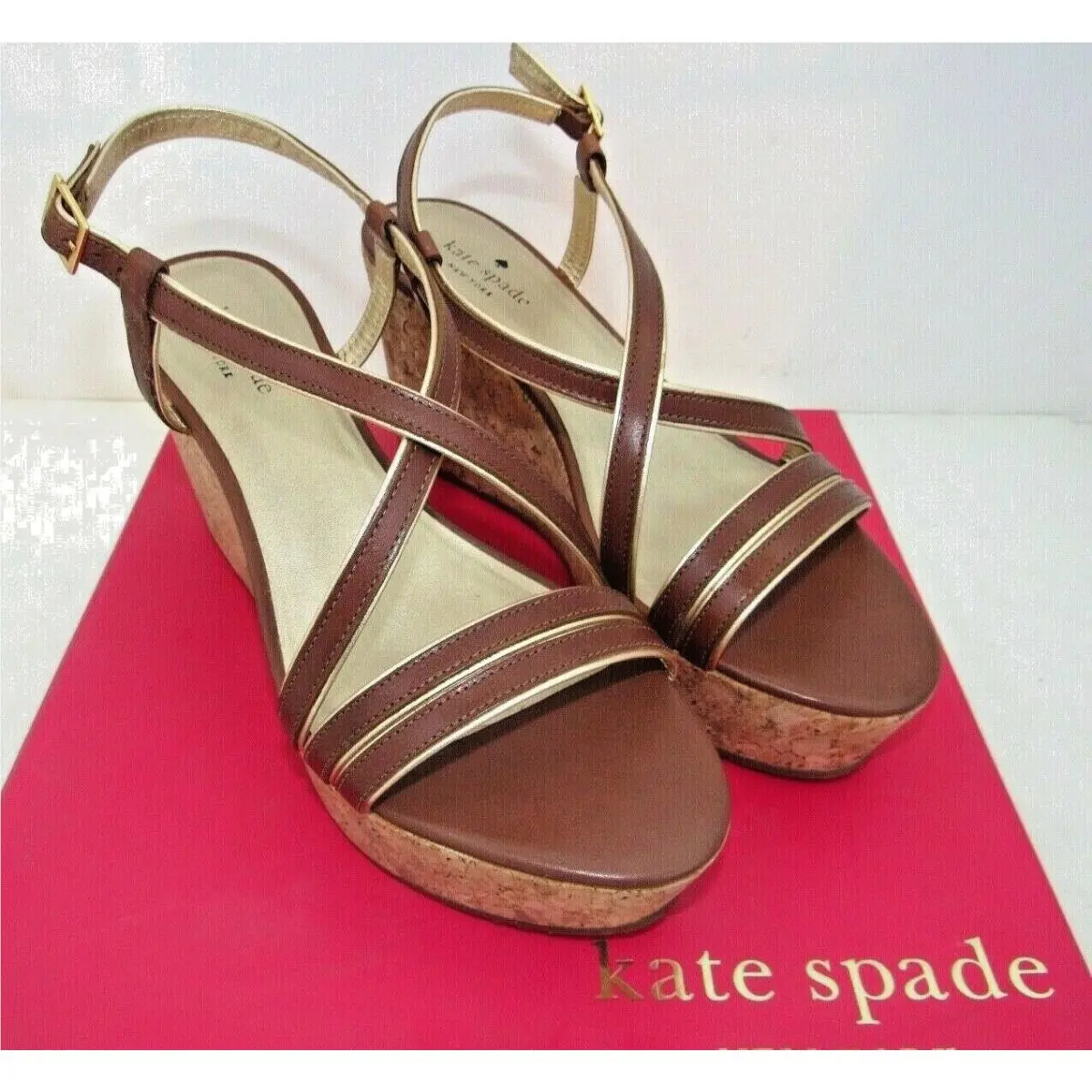 Kate Spade Cork Wedge `tender Luggage` W/gold Metallic Trim New 10M