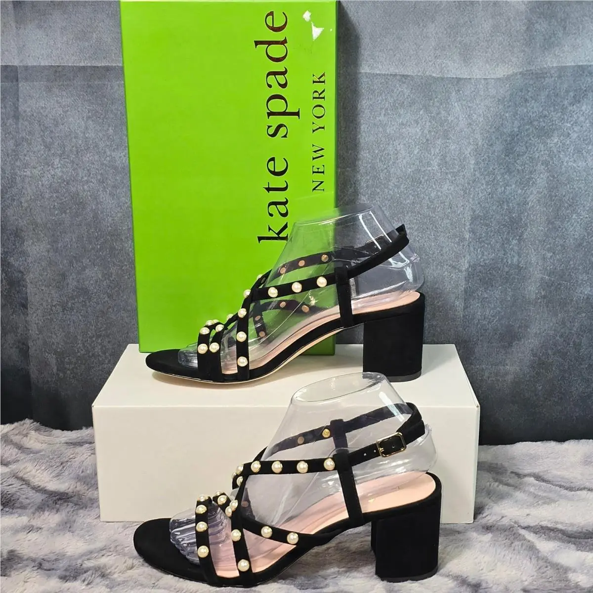 Kate Spade Wynne Sandals Black Pearl Suede Block Heel S615032 SZ 7.5