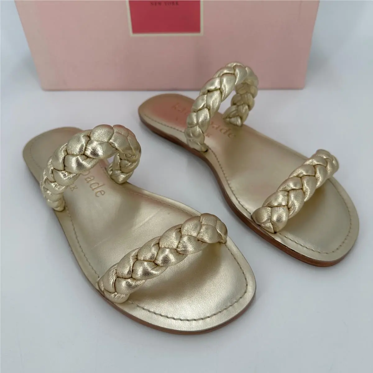 Kate Spade Miami Braided Strap Slip-on Slide Sandals 5.5 Gold Metallic Leather