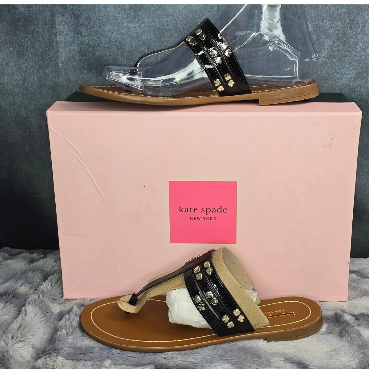 Kate Spade Carol Sandals Black Studded Spade Thong Womens 6.5 S110172