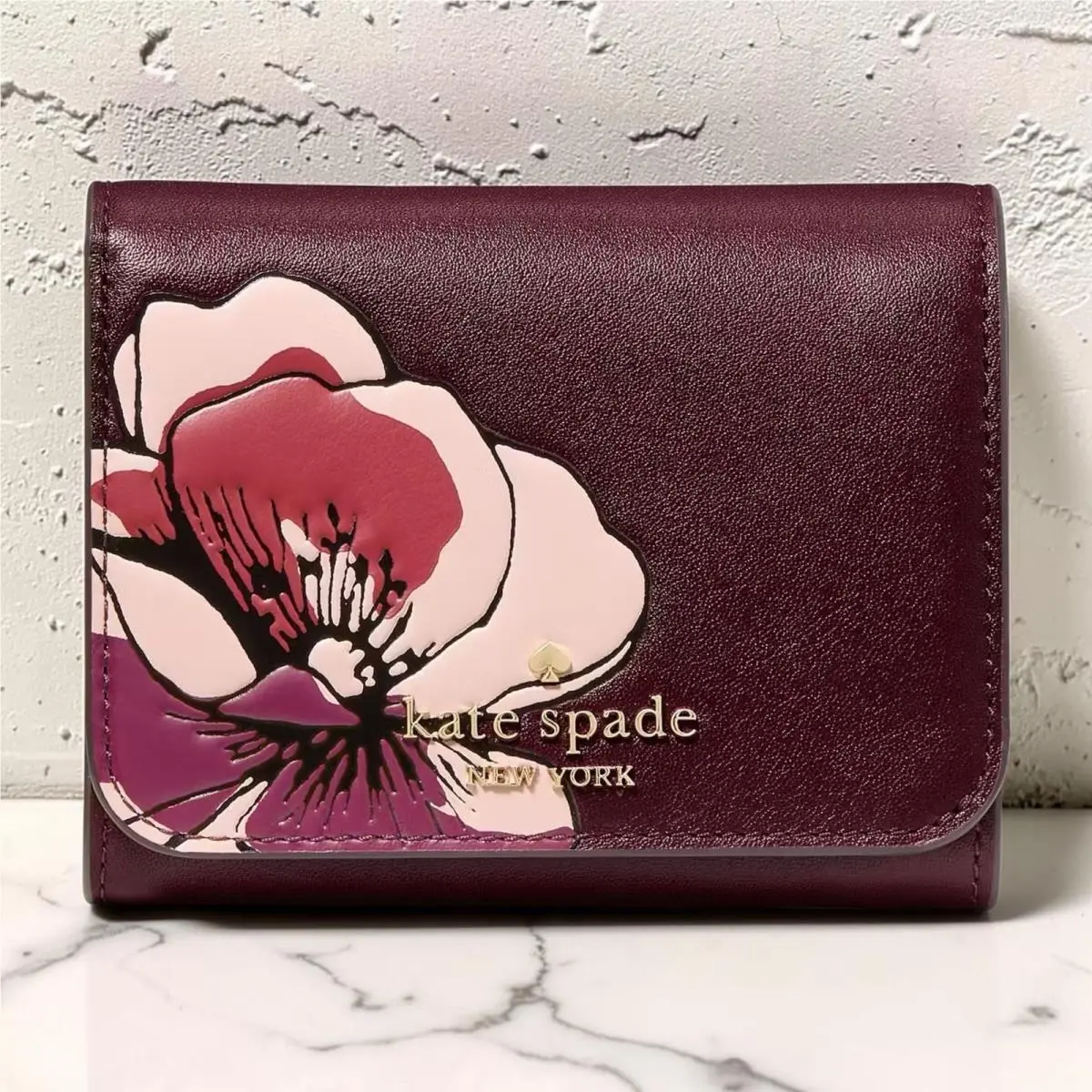 Kate Spade Floral Small L Zip Flap Wallet Grenache Burgundy Leather KP331