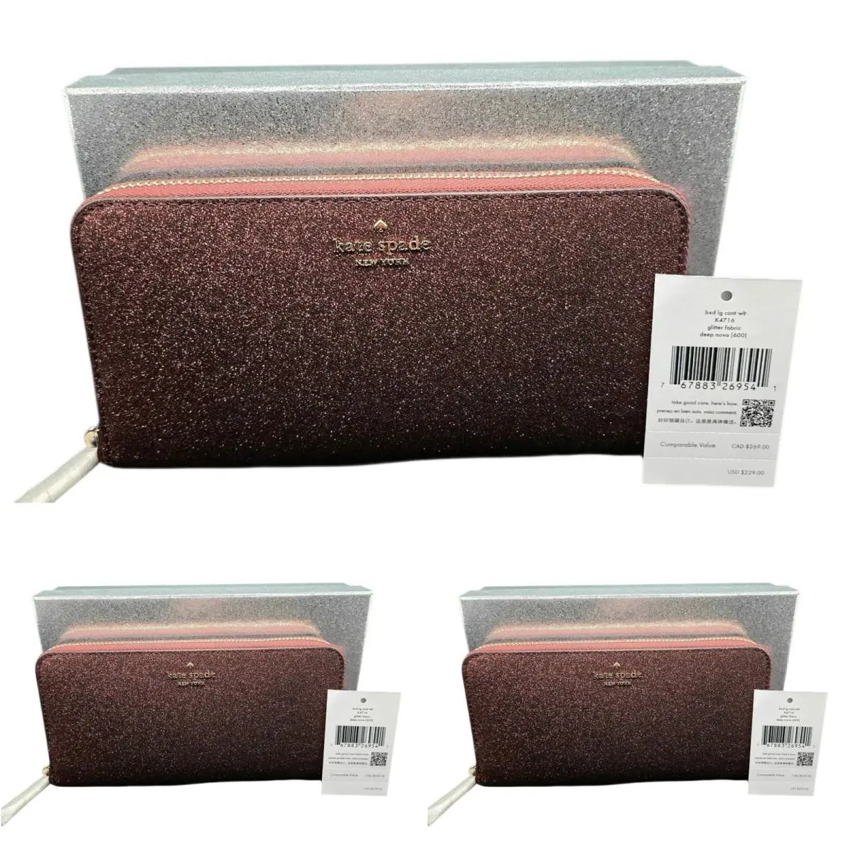 Kate Spade Reseller Bulk Lot 3 Boxed Glitter Large Continental Wallets Deep Nova