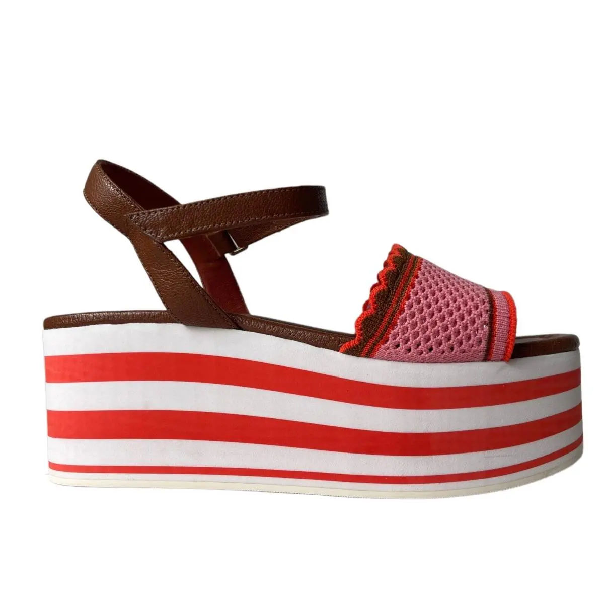 Kate Spade Platform Sandals 6 Highrise Wedge Strappy Pink Knit Candy Cane