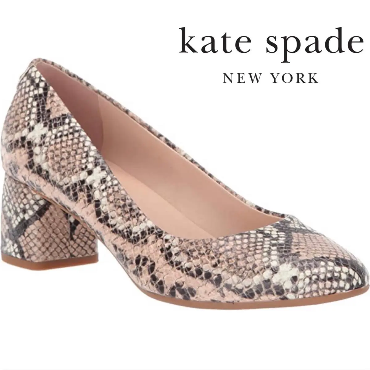 Kate Spade Beverly Snake‑print Block Heel Pumps Designer Slip‑on Round Toe Shoes