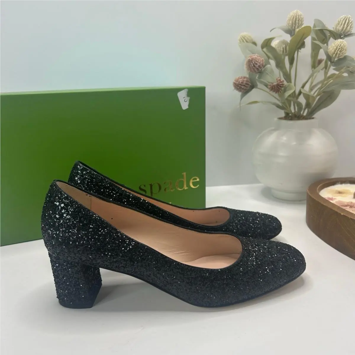 Kate Spade Delores Chunky Heel Sparkle Pump Black S570446 Women 7.5M