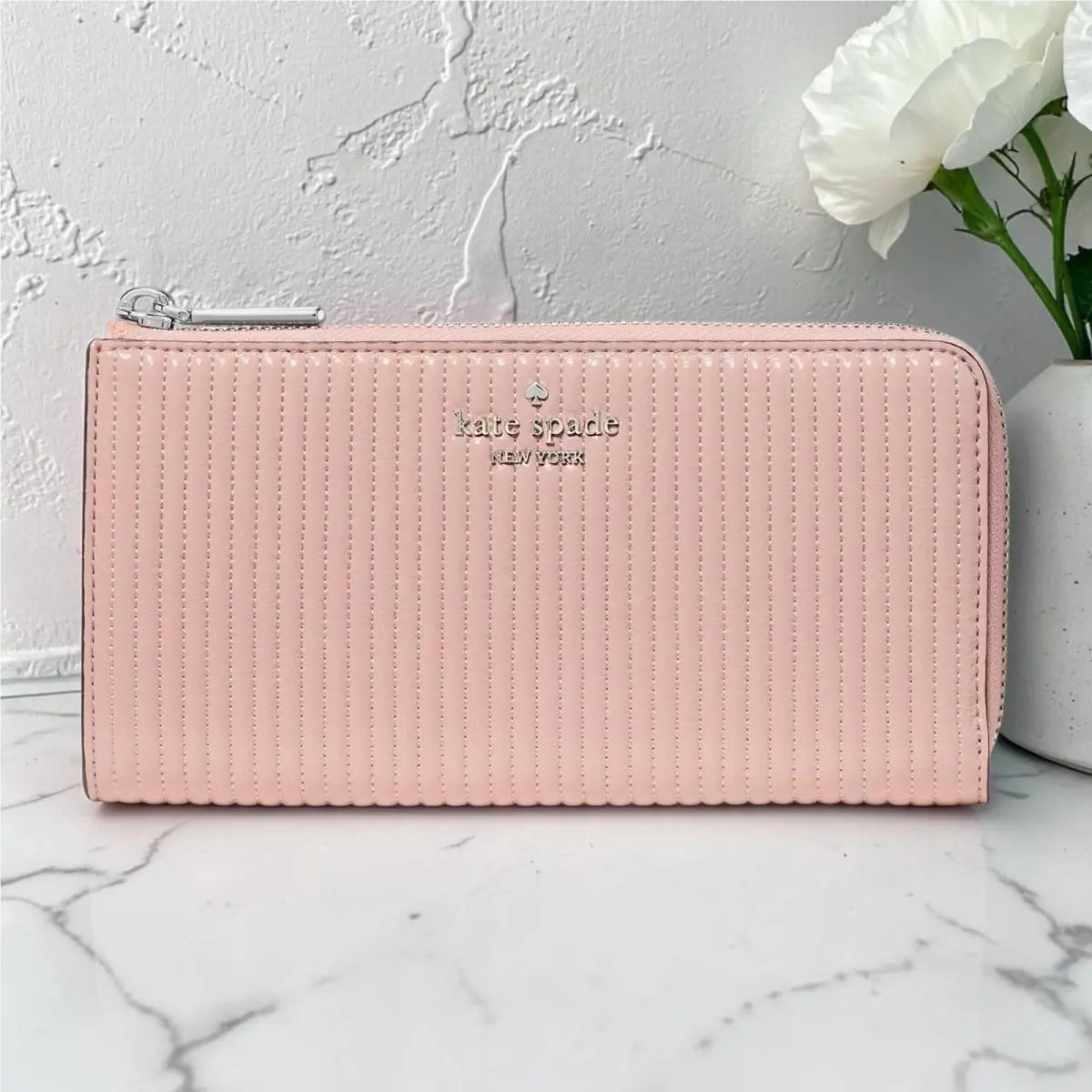 Kate Spade Shiny Quilted Large Slim L-zip Wallet Rose Smoke Pink KP356