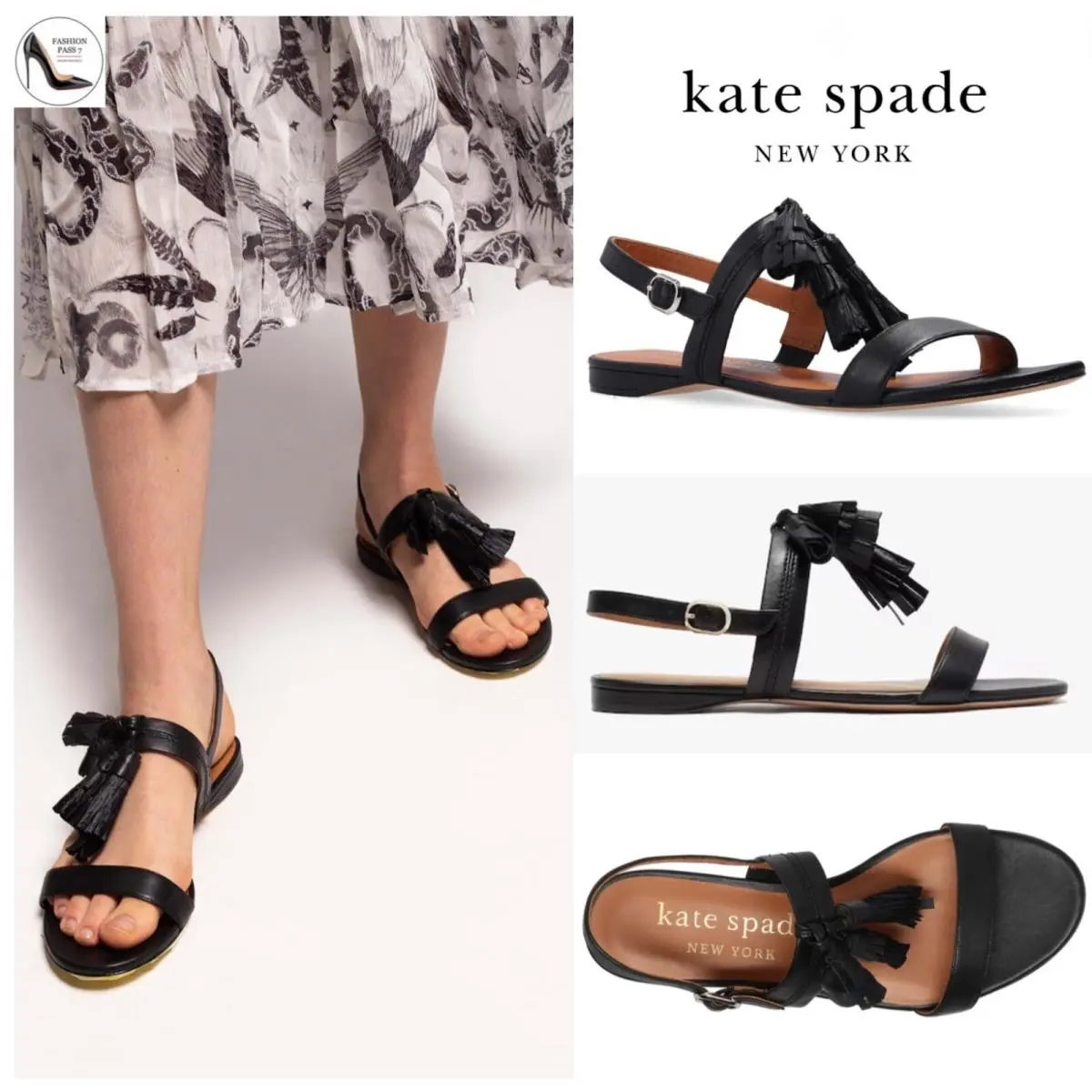 Kate Spade New York LA Danse Black Leather Tassel Flat Ankle Strap Sandals 6.5