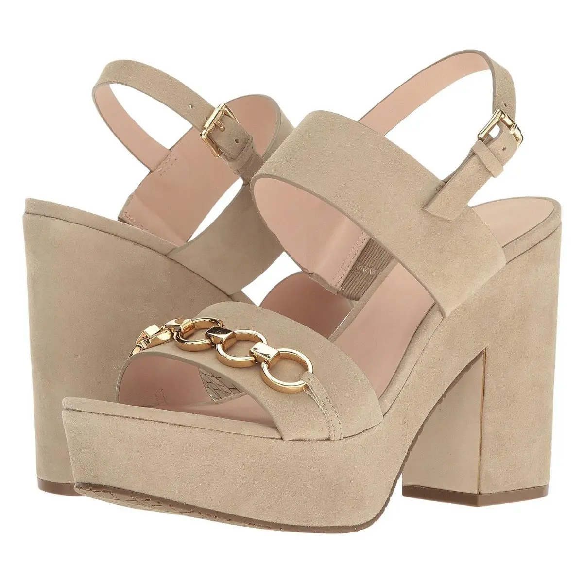 Kate Spade Rashida Beige Sand Kid Suede Chunky Ankle Strap Sandal Heels 9.5