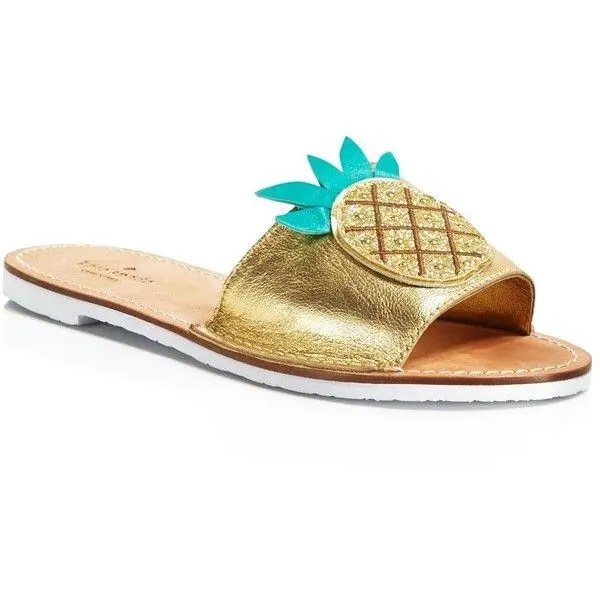 Kate Spade Gold Leather Ibis Pineapple Slide Sandals Shoes 10.5