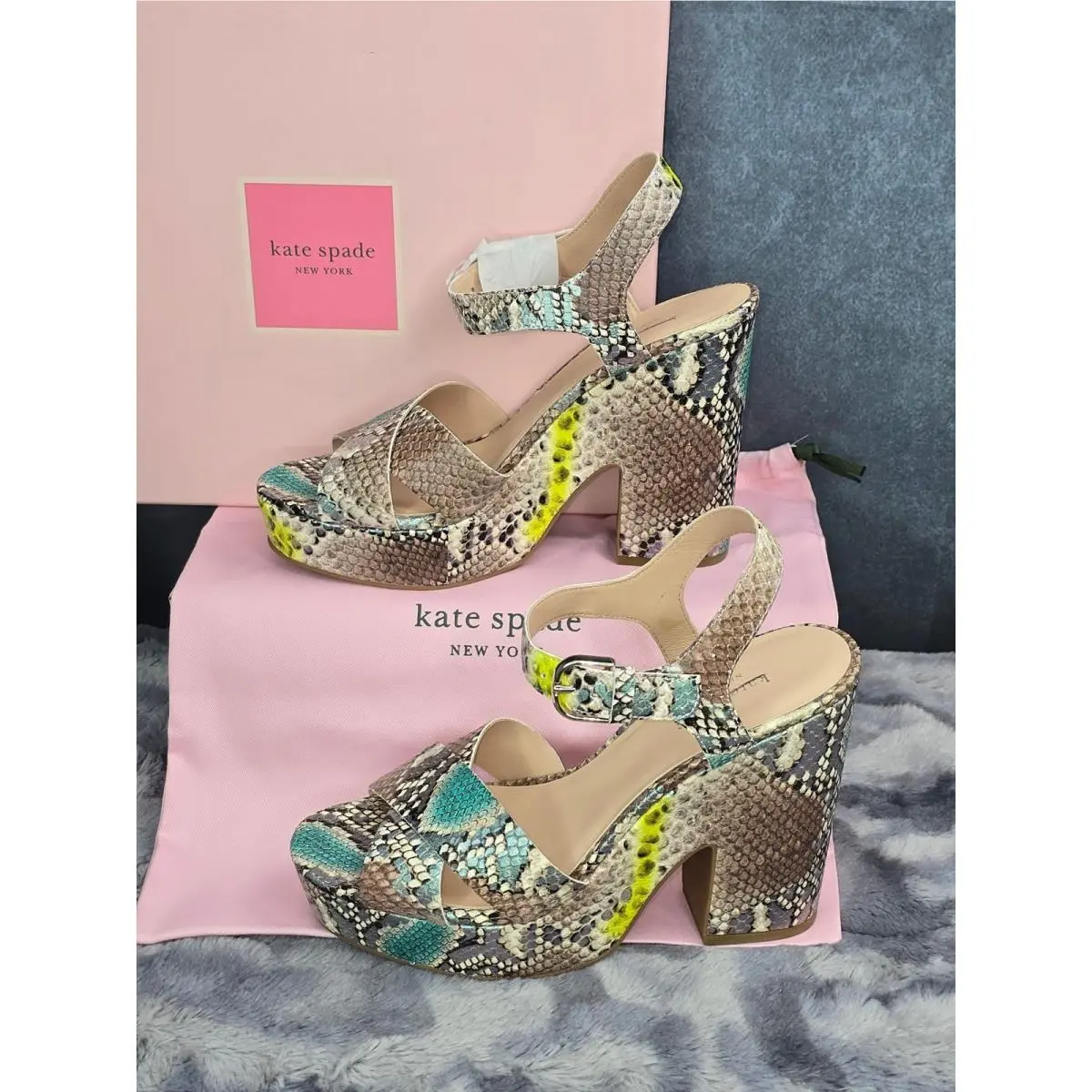 Kate Spade Grace Sandals Lemon Sorbet Snakeskin Platform Heels Womens 9.5
