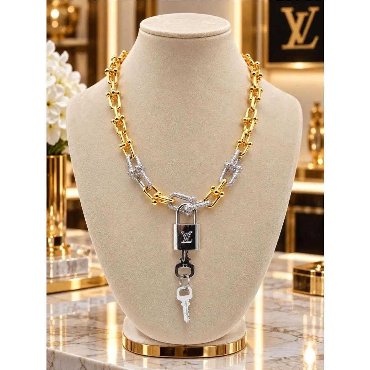 925 Pure Silver/gold-plated Necklace w/  Padlock Pendant by Louis Vuitton