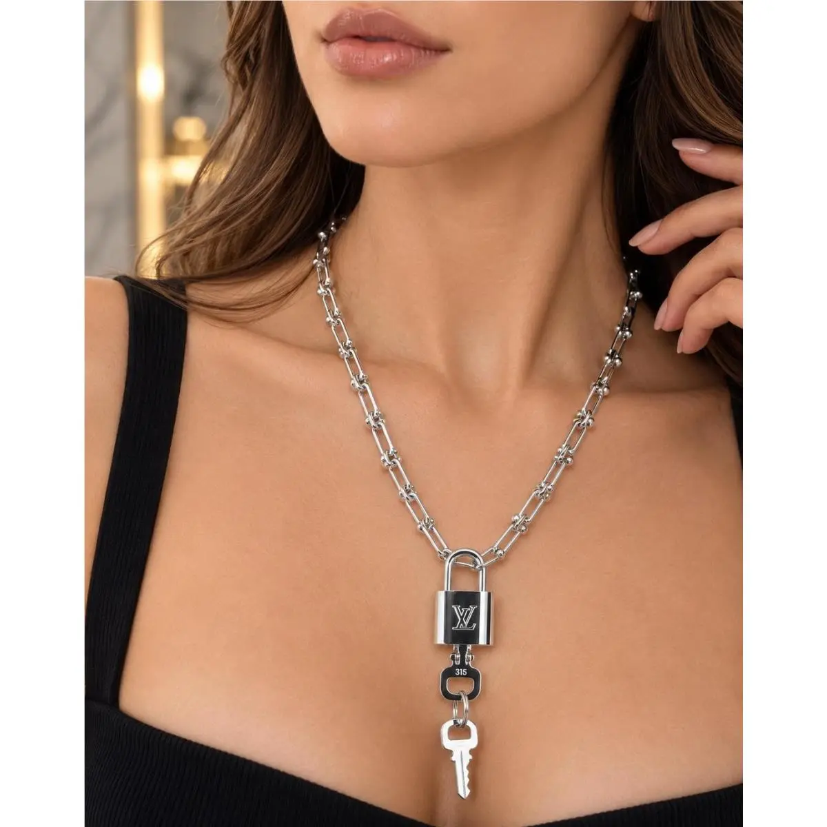 Stainless Steel Horse Shoe Chain with  Silver Padlock by Louis Vuitton