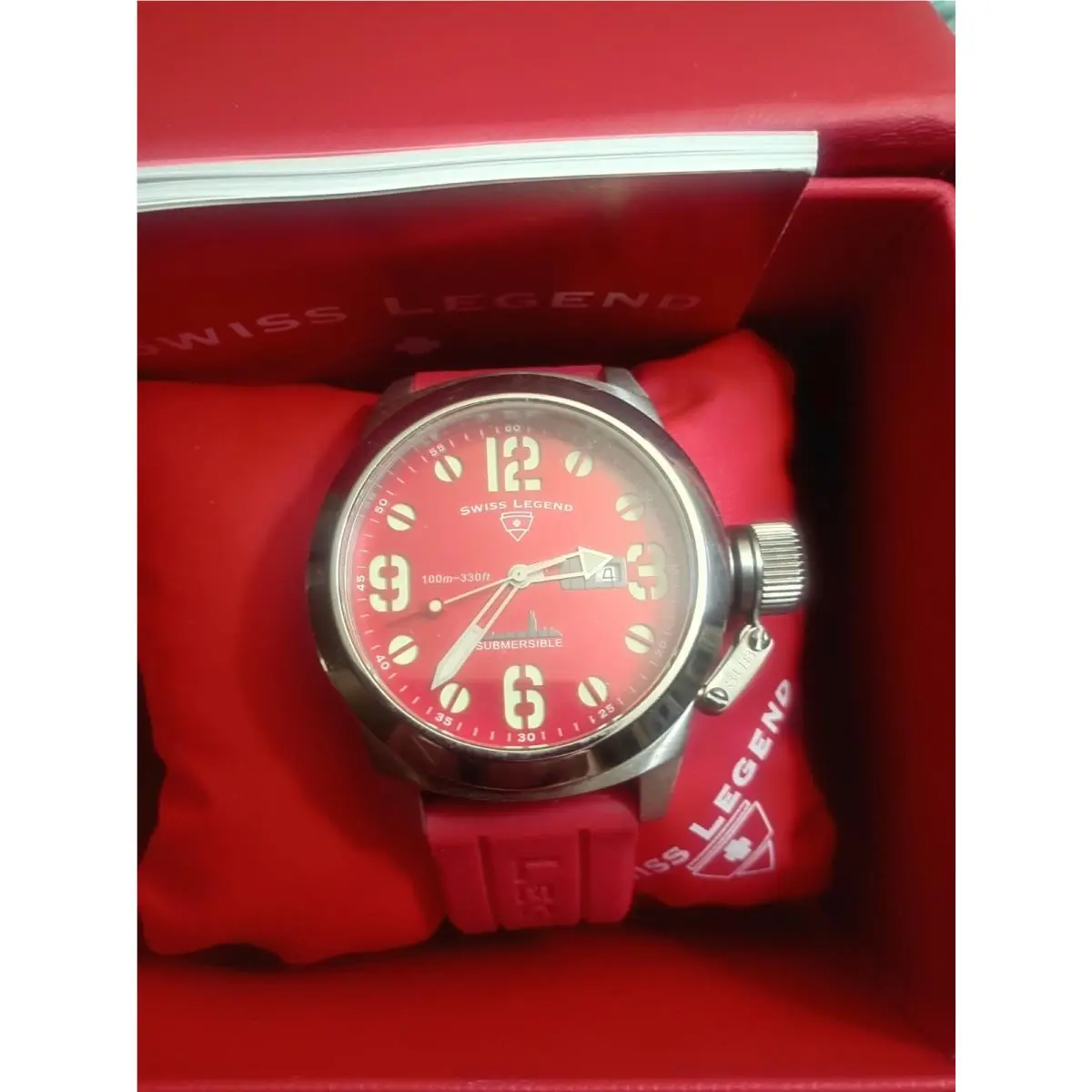 Submersible Men`s Quartz Red Dial 45mm Red Rubber Band by Swiss Legend