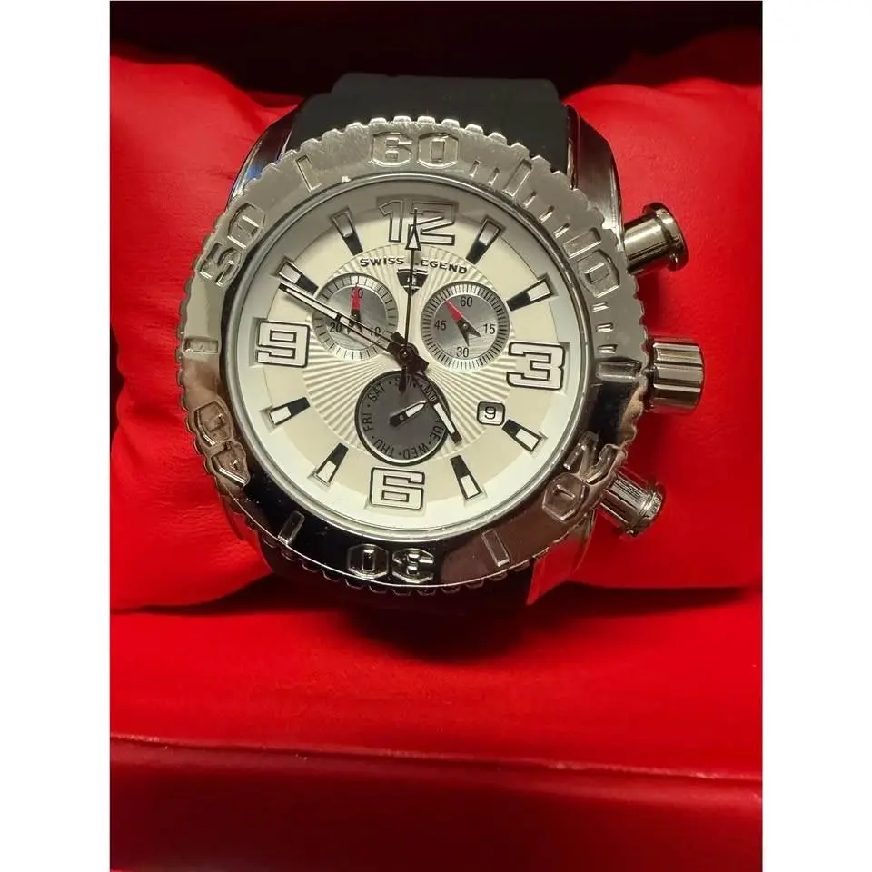 Men’s Chronograph Watch Silver White Dial Black Rubber Strap Swiss by Swiss Legend