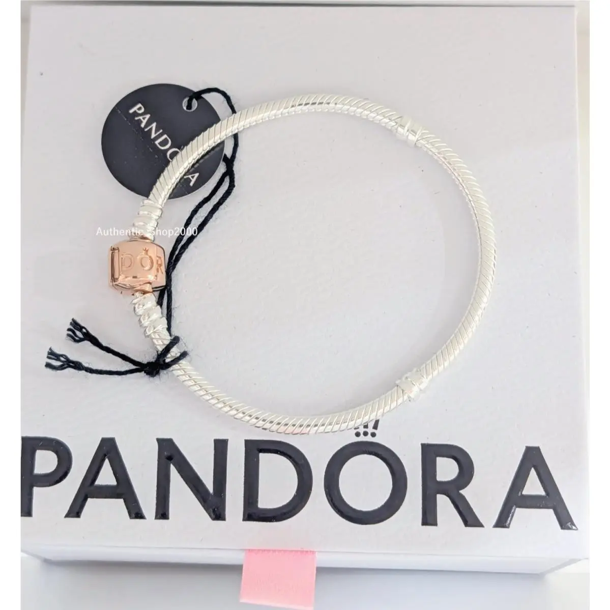 Pandora 925 Snake Chain Charm Bracelet w Rose Gold Barrel 17