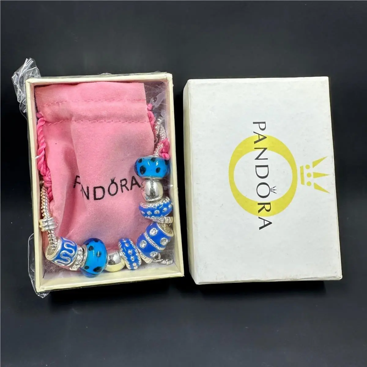 Pandora Blue Murano Silver Charm Bracelet Womens Glass Crystal Beads Box