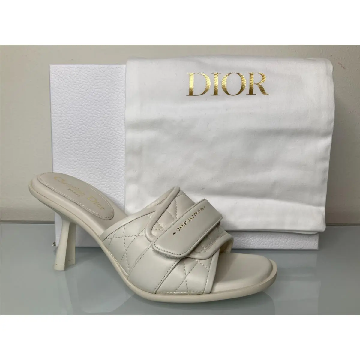 190 Dior White Quilted Leather Evolution Slide Sandals Heels 39.5 Eur