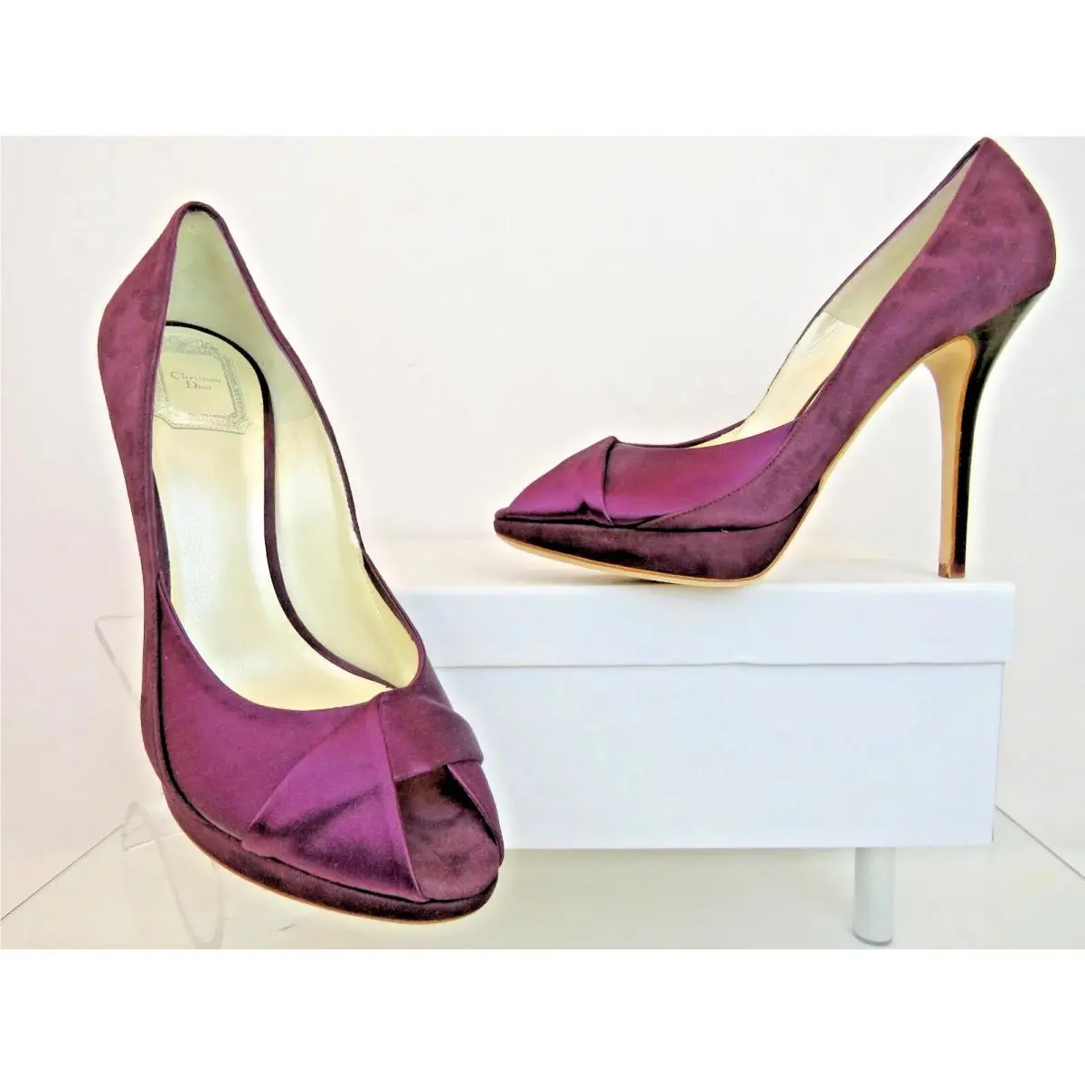 Dior Twist Purple Pleated Satin Suede Peep Toe Platform Pumps 39.5 Italy