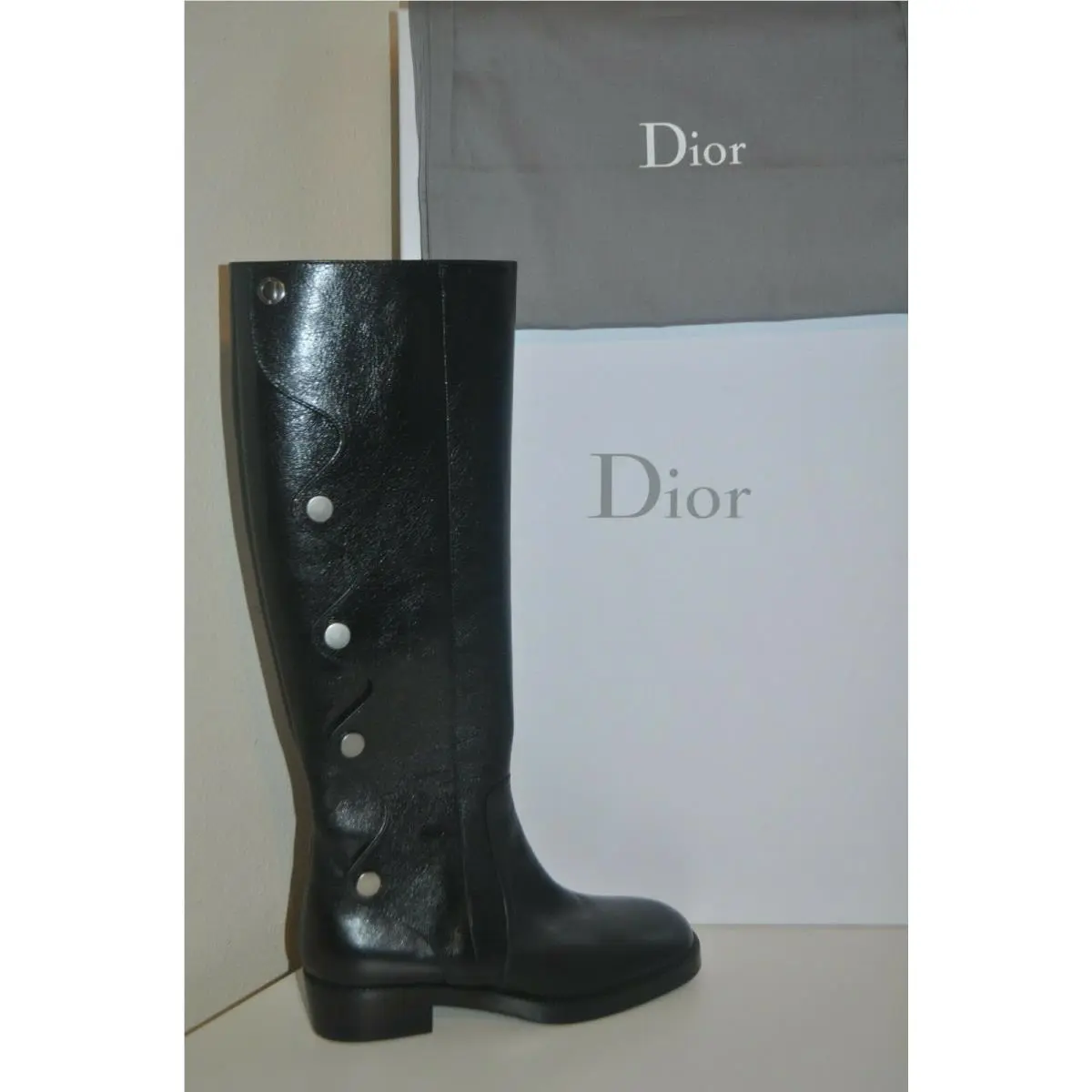 Christian Dior Diorodeo Scallop Knee High Riding Boot Black Leather 38