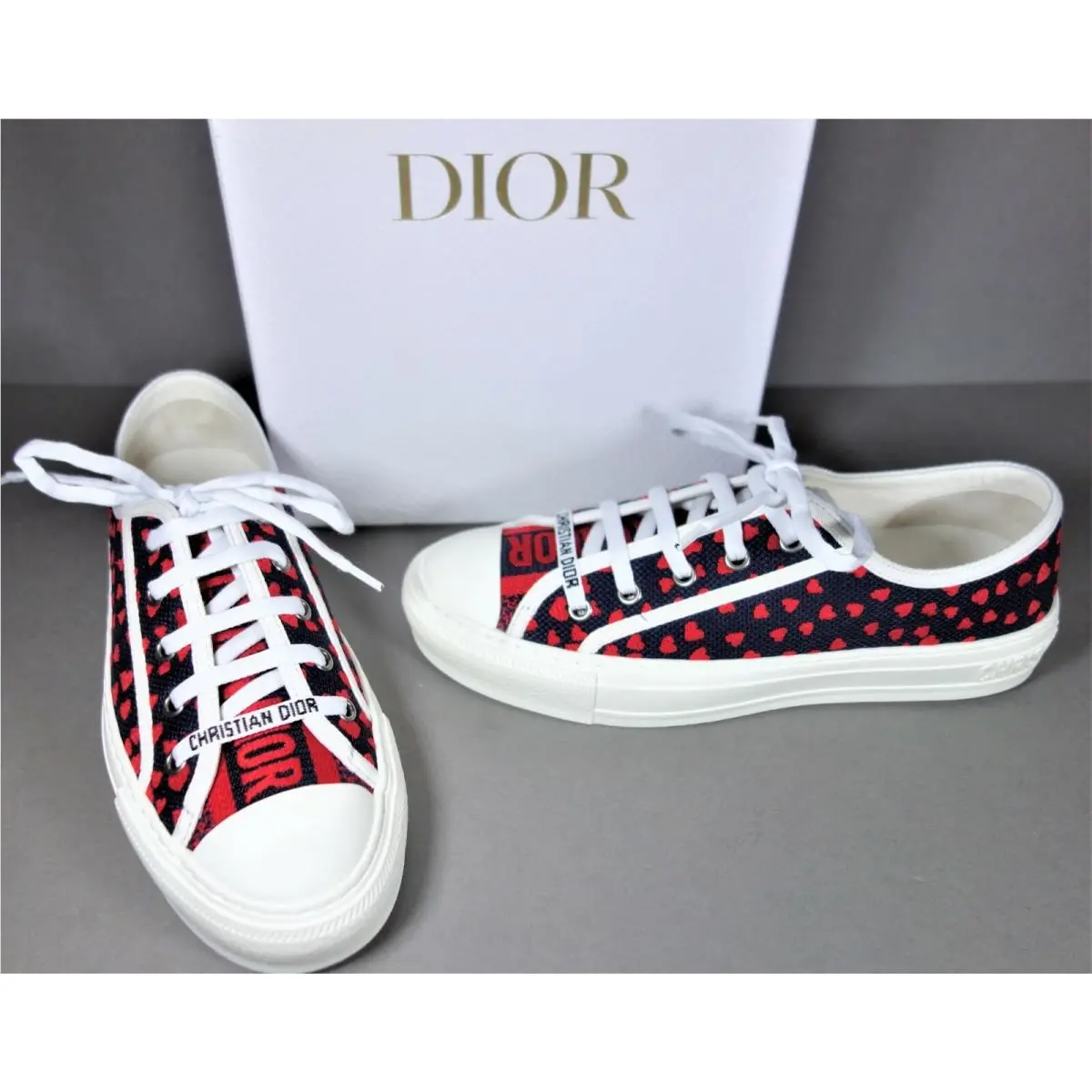 Dior 38 Walk`n`dior Red Pop Hearts Navy Blue Canvas Lace Up Low Top Sneakers