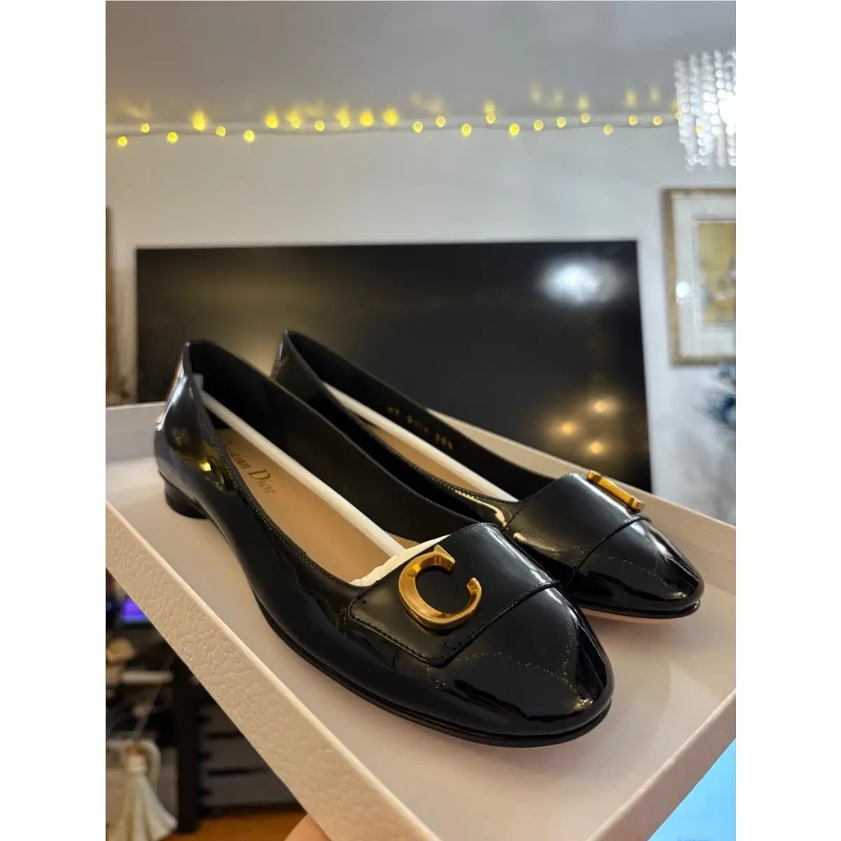 Dior Black Flat Shoes C`est Dior Patent Calfskin Flats Size 35.5 Orig