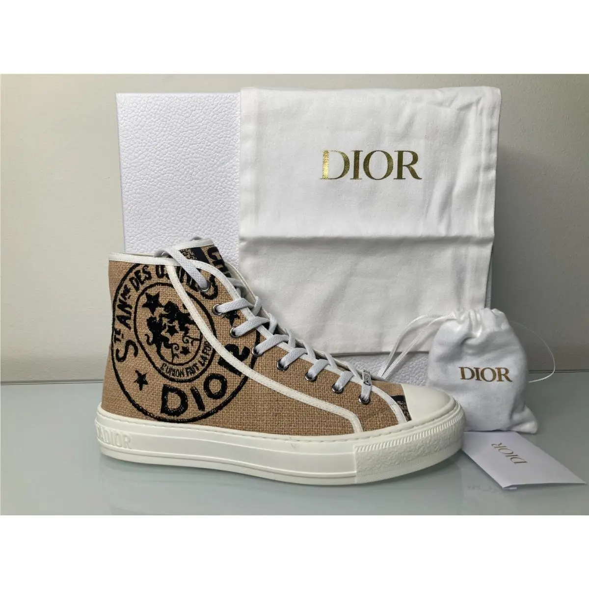 Dior Walk`n`dior Union Embroidered Beige Jute Lace Up High Top Sneakers 41 EU