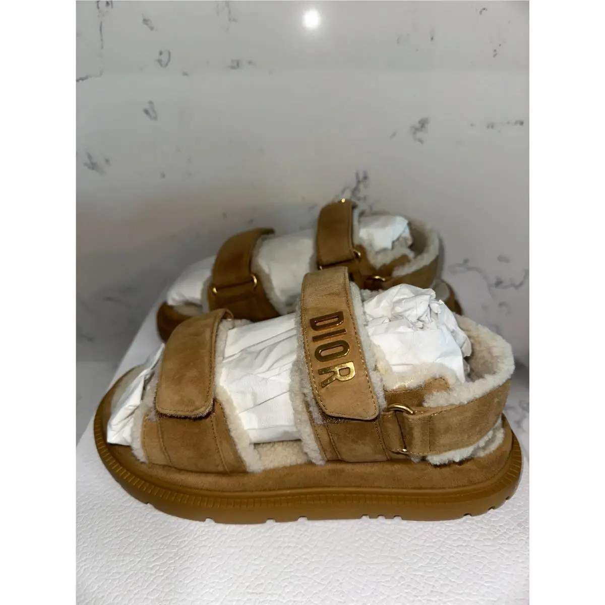 Dior Dioract Suede Shearling Sandal Chestnut Women`s Size 37 EU / 7 US