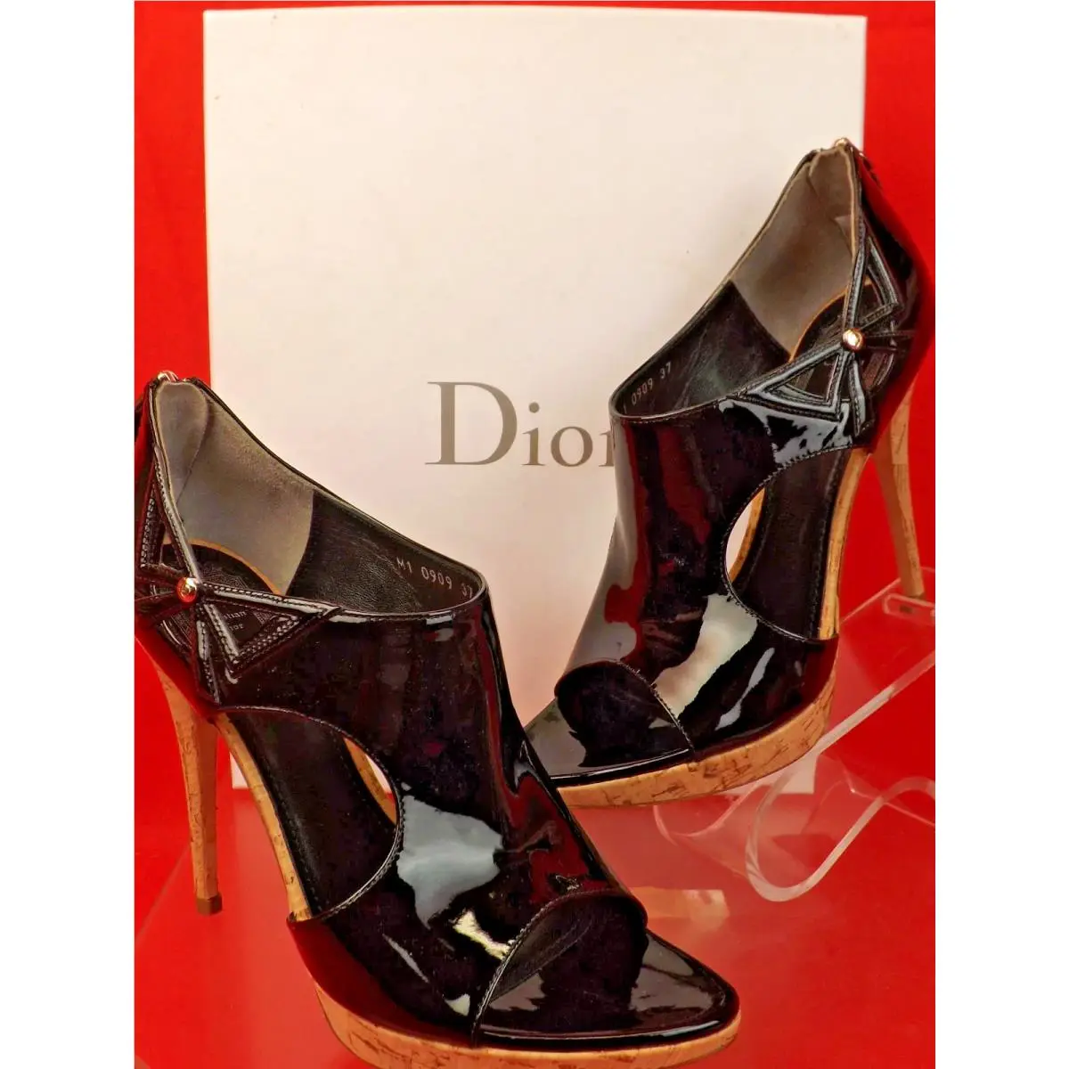 Christian Dior Black Patent Leather Cut Out Cork Heel Sandals Pumps 38.5