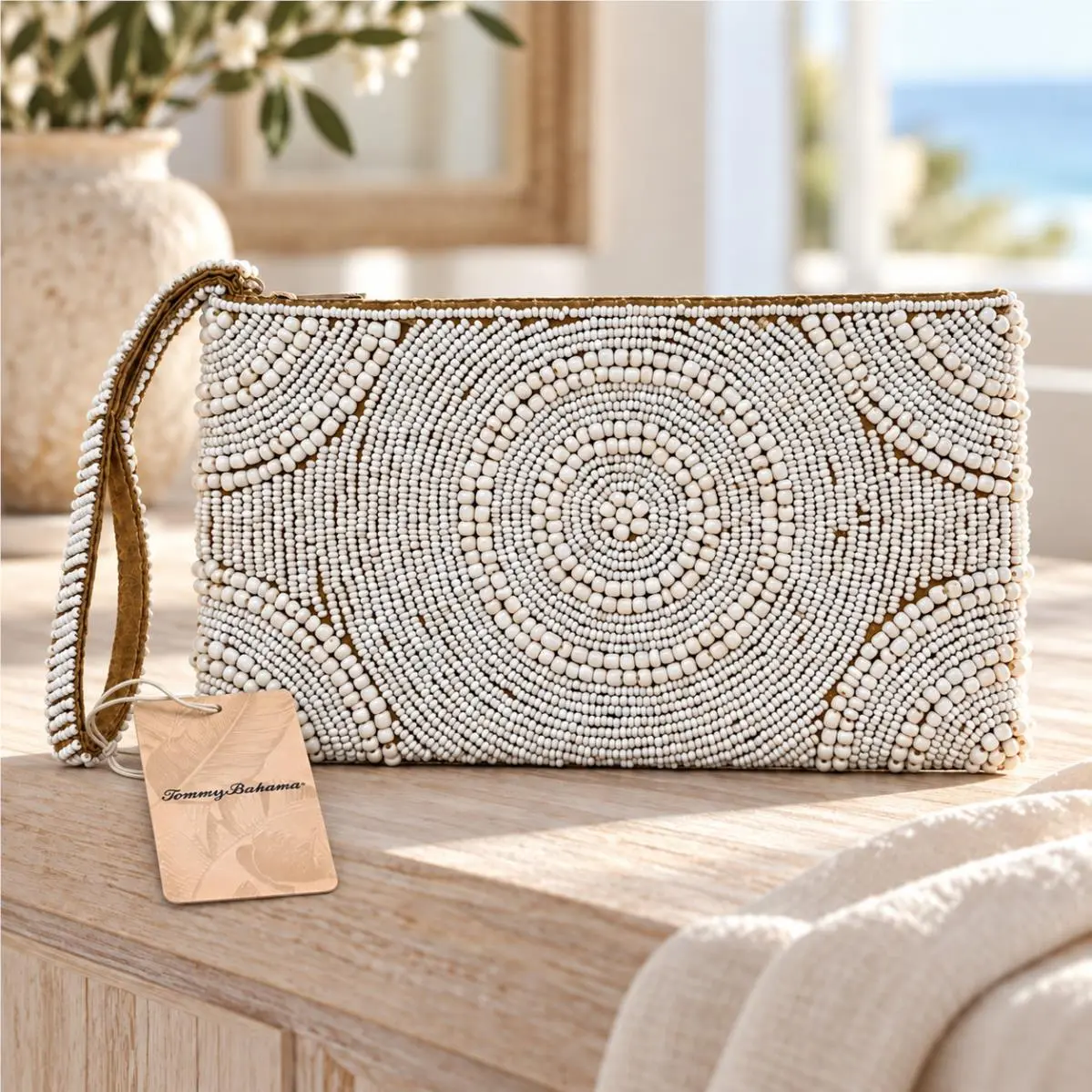 Tommy Bahama Ivory Beaded Zipper Clutch Wristlet Natural Elegant Evening Bag