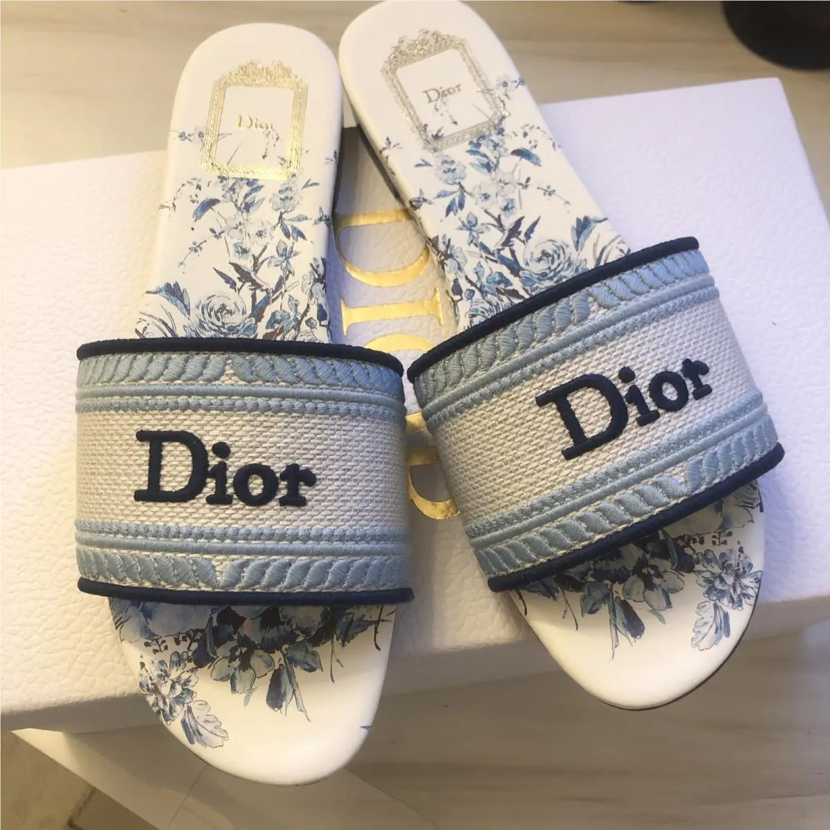 Dior Dway Blue and White Floral Sandals Slides Size 38