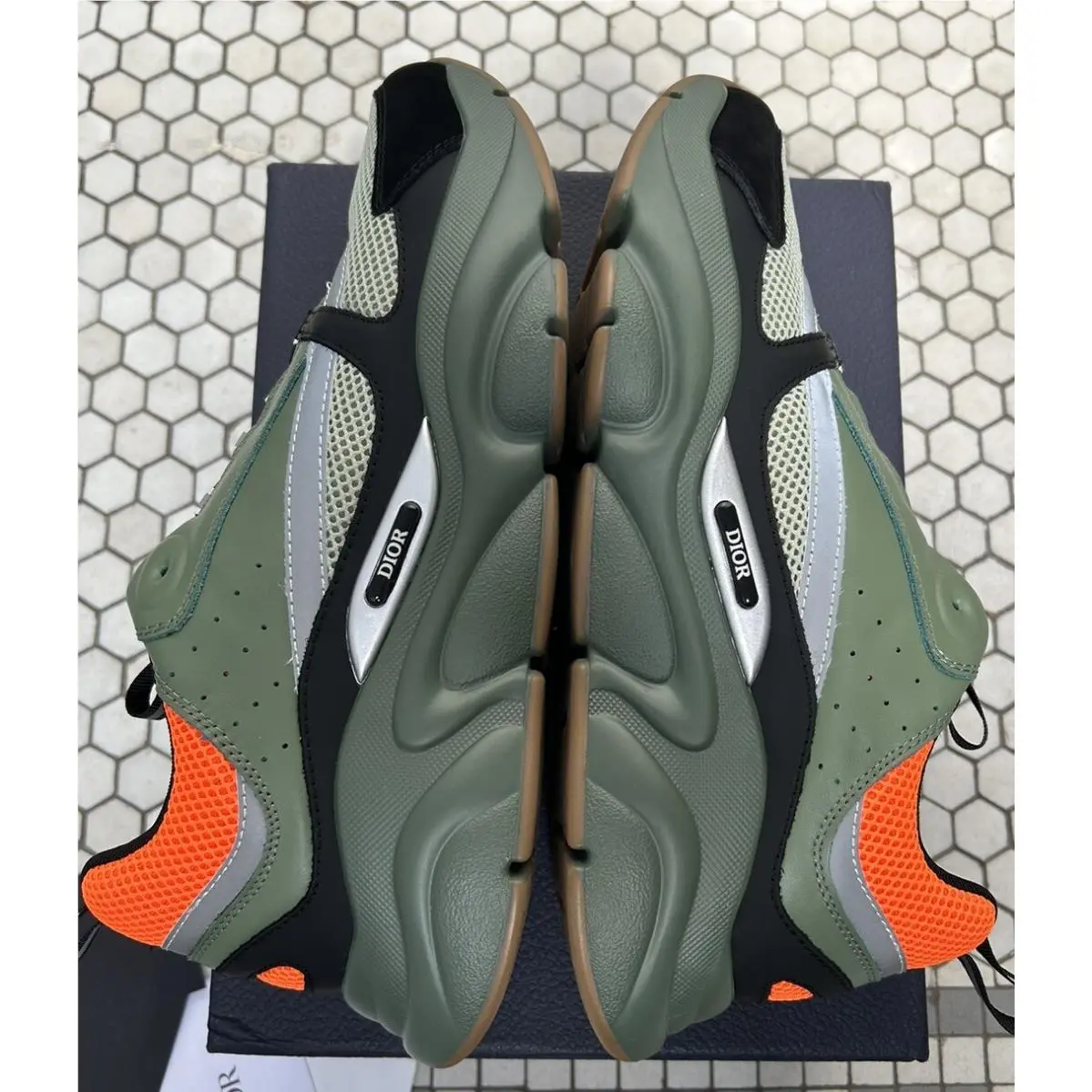 Christian Dior Technical Mesh Calfskin Mens B22 Sneakers 46 Olive Orange Black