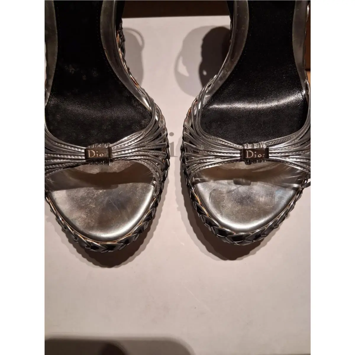 Christian Dior Heaven Black Silver Leather Heels Pumps Sandals 38.5