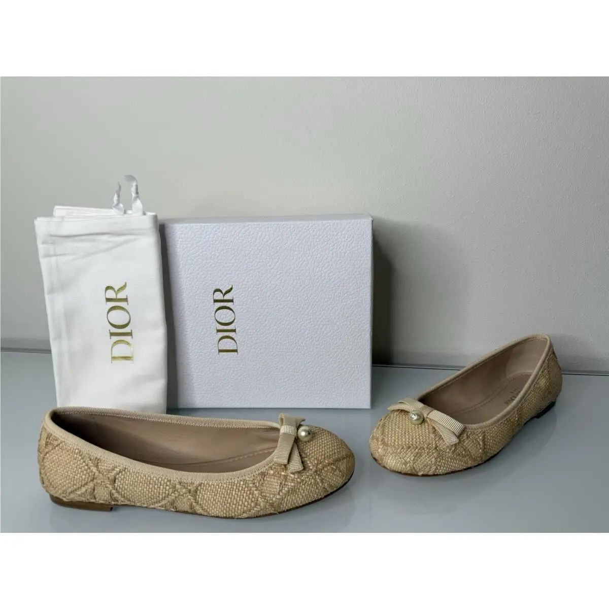 Christian Dior Cannage Jacquard Raffia Ballerina Ballet Flat Shoe Bow Pearl 37.5