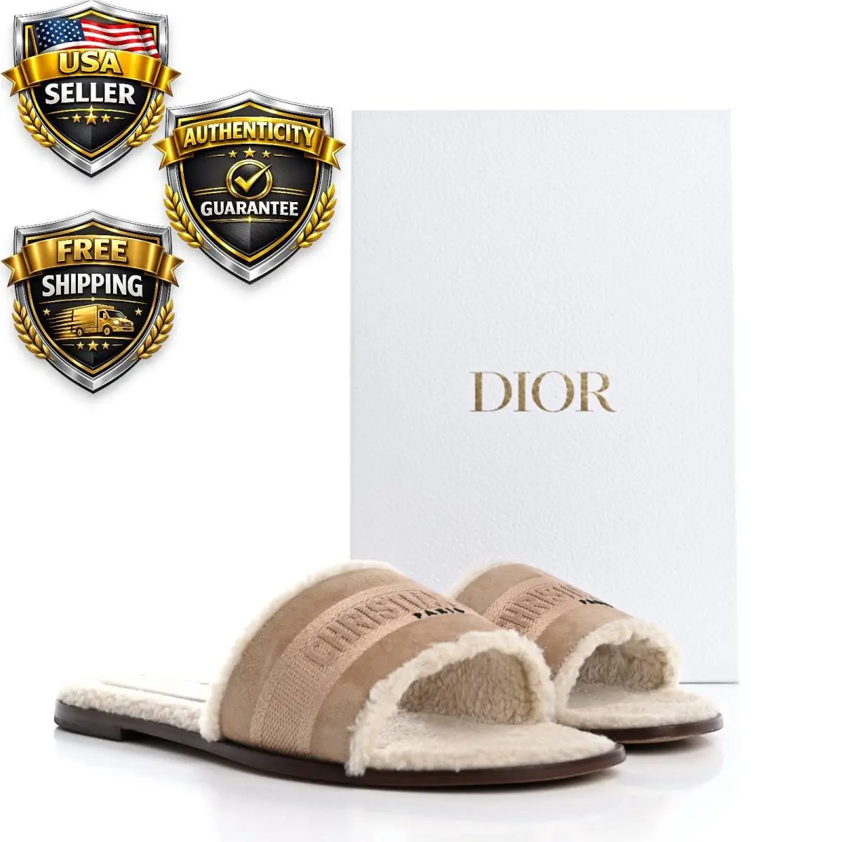 Christian Dior Suede Goatskin Shearling Embroidered Dway Slide Sandals 41 Cooki