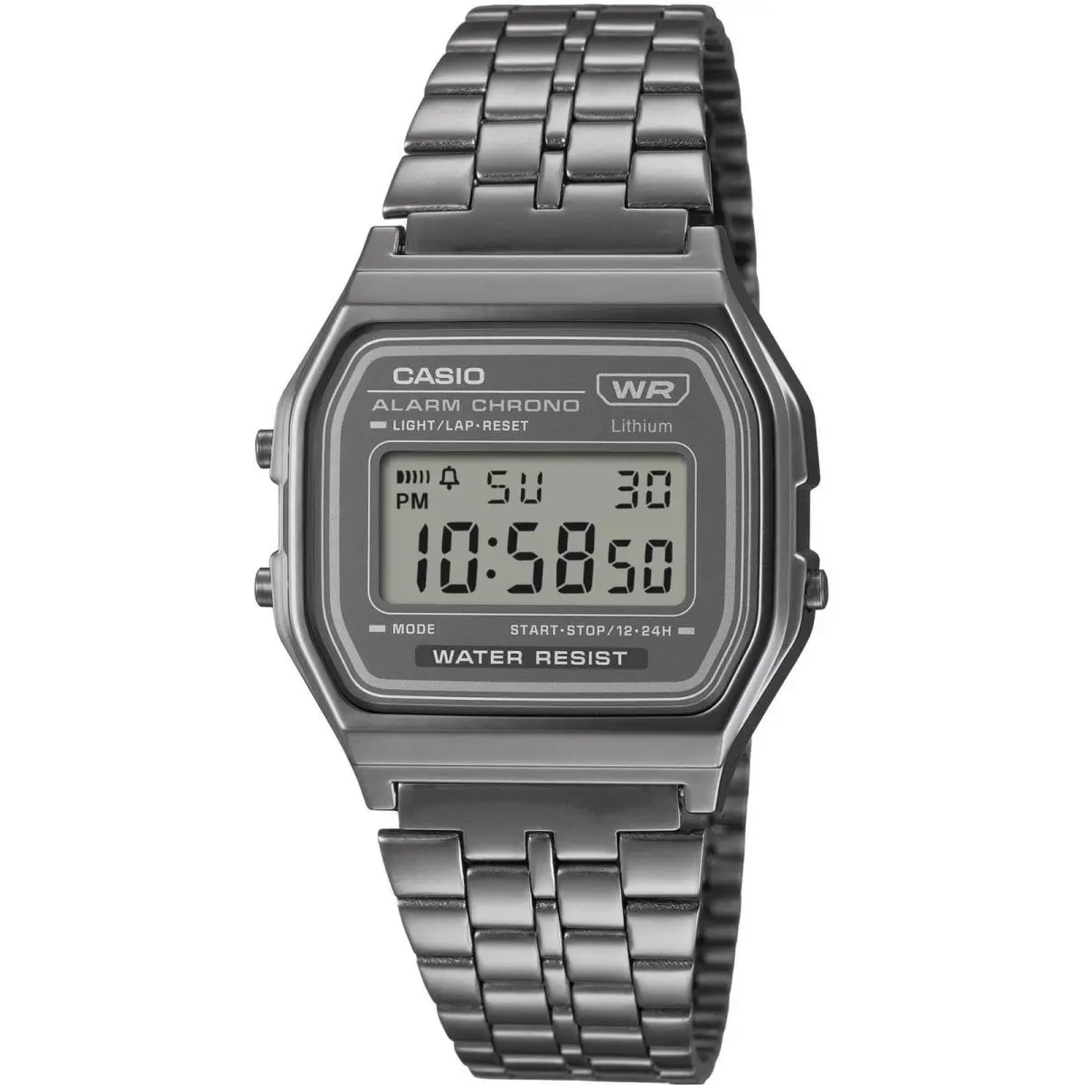 A158WETB-1A Black Digital Watch Stainless Steel Band Unisex Led Stopwatch by Casio