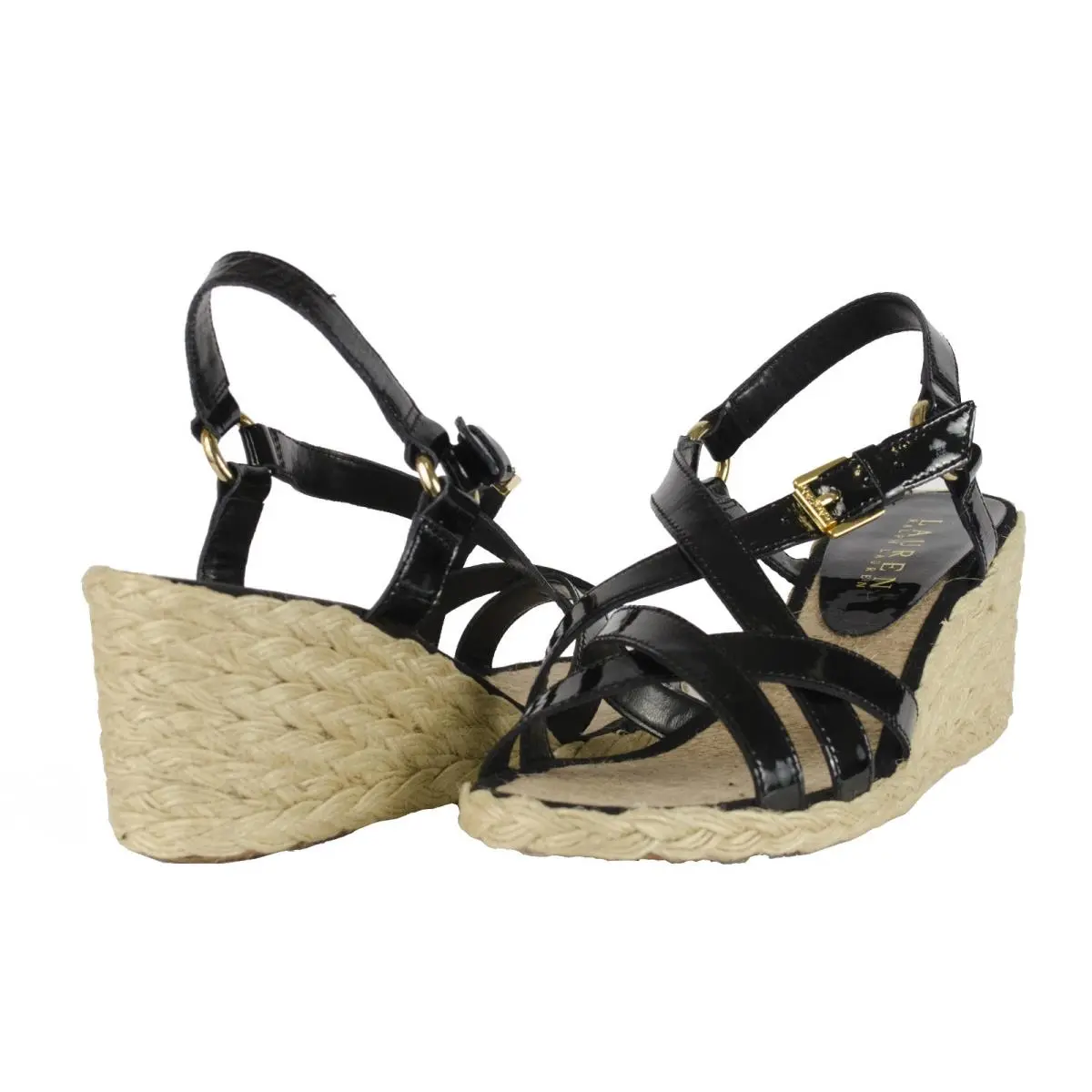 Ralph Lauren Chrissy Black Patent Womens Wedges Sandals Shoes Multi Sizes AS
