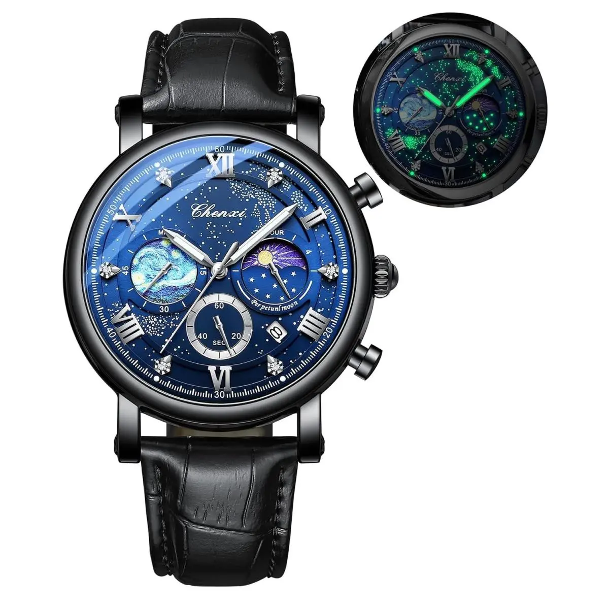 Men`s Chronograph Leather Watch Black Analog Business Dress Watch by Fanmis