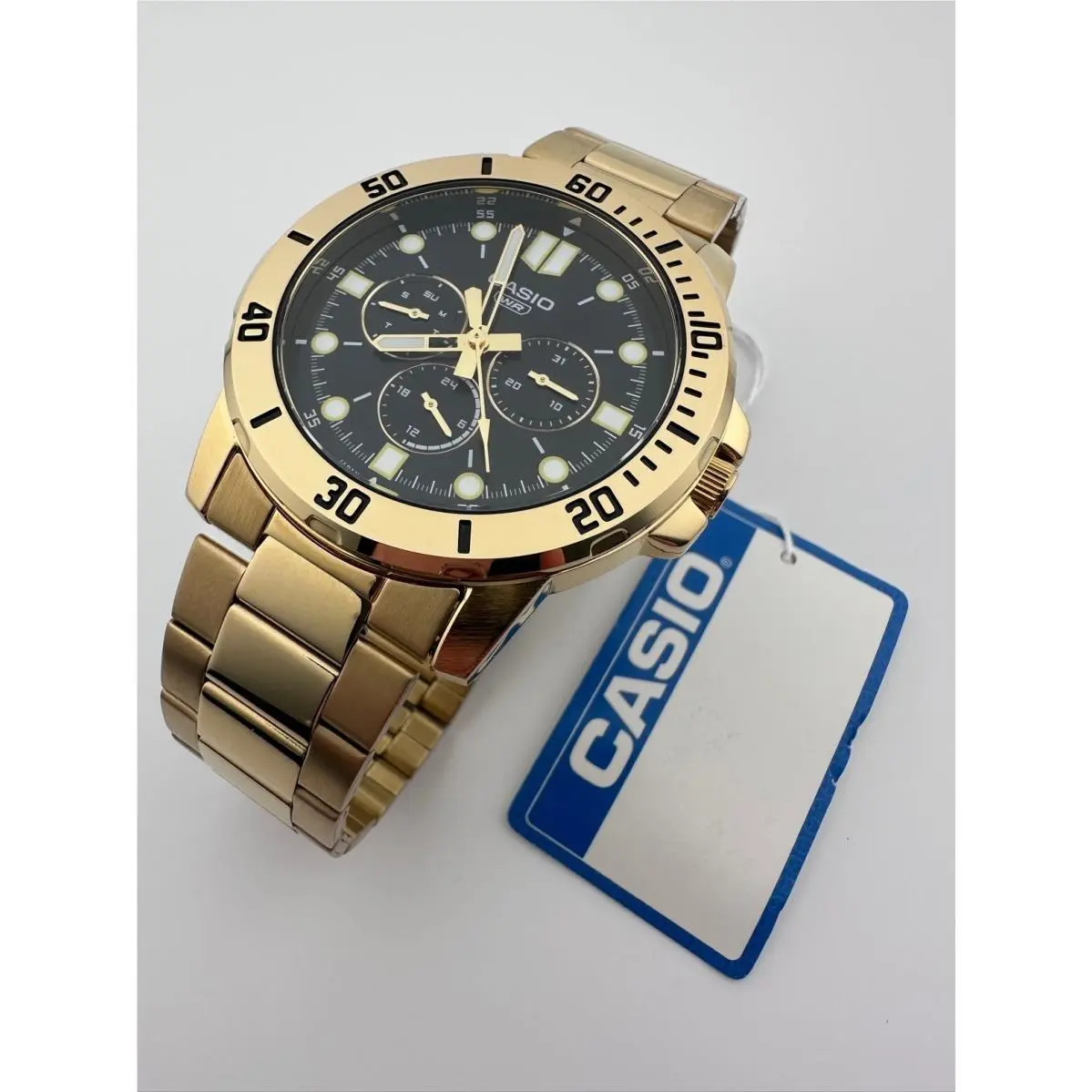 Men`s Gold Tone Quartz Watch Black Dial Day Date MTP-VD300G by Casio