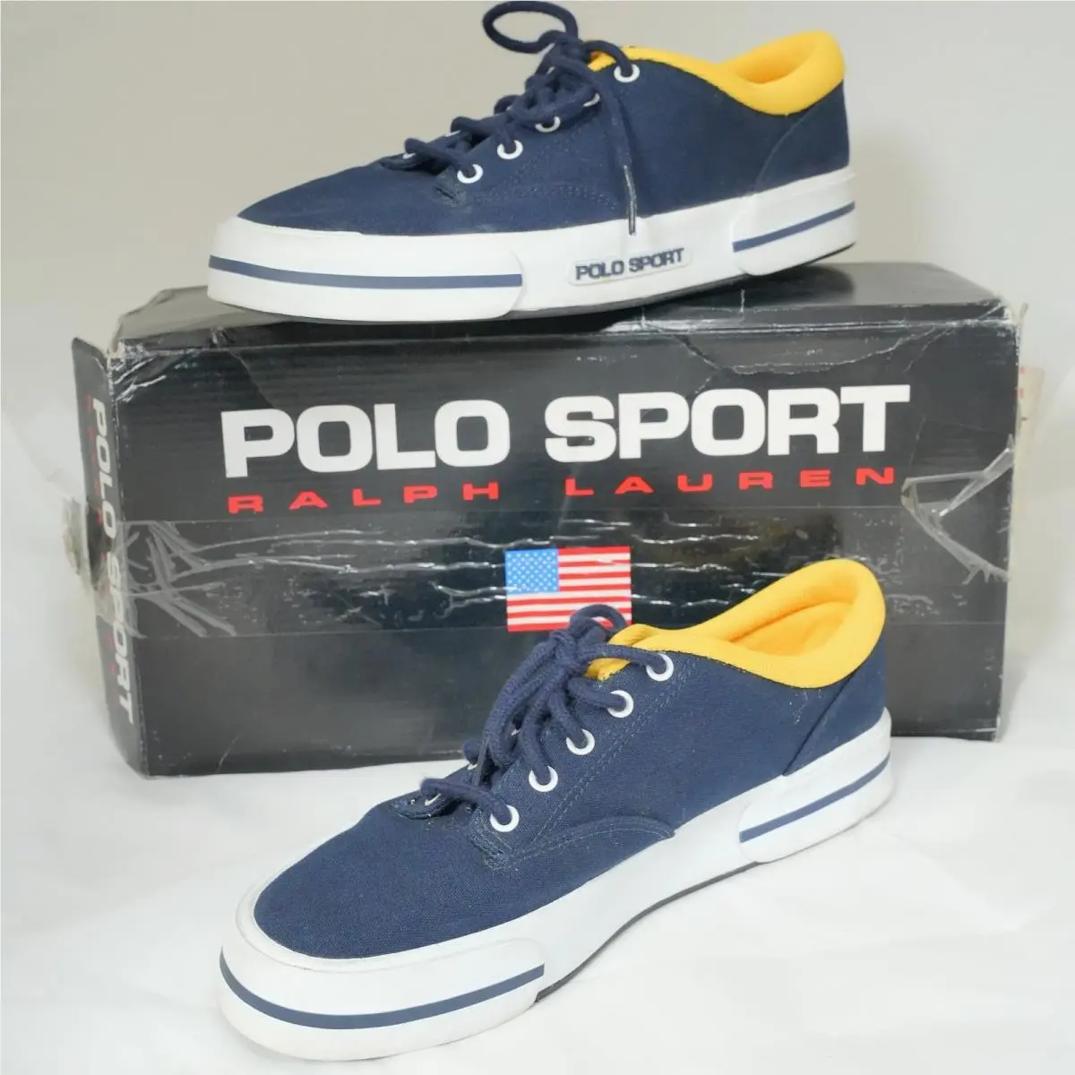 Vintage Polo Sport Ralph Lauren Mast Navy Yellow Shoes Men`s Size 9.5 WD2834B