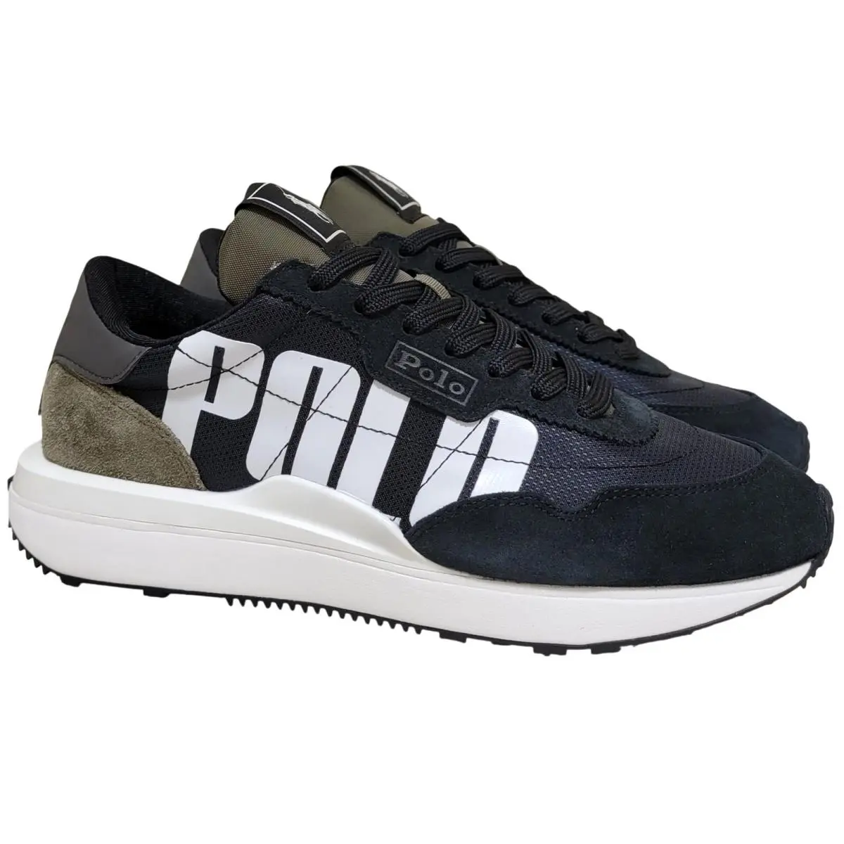 Polo Ralph Lauren Men Train 89 Polo Logo Sneaker Size US 7 Black Olive Leather