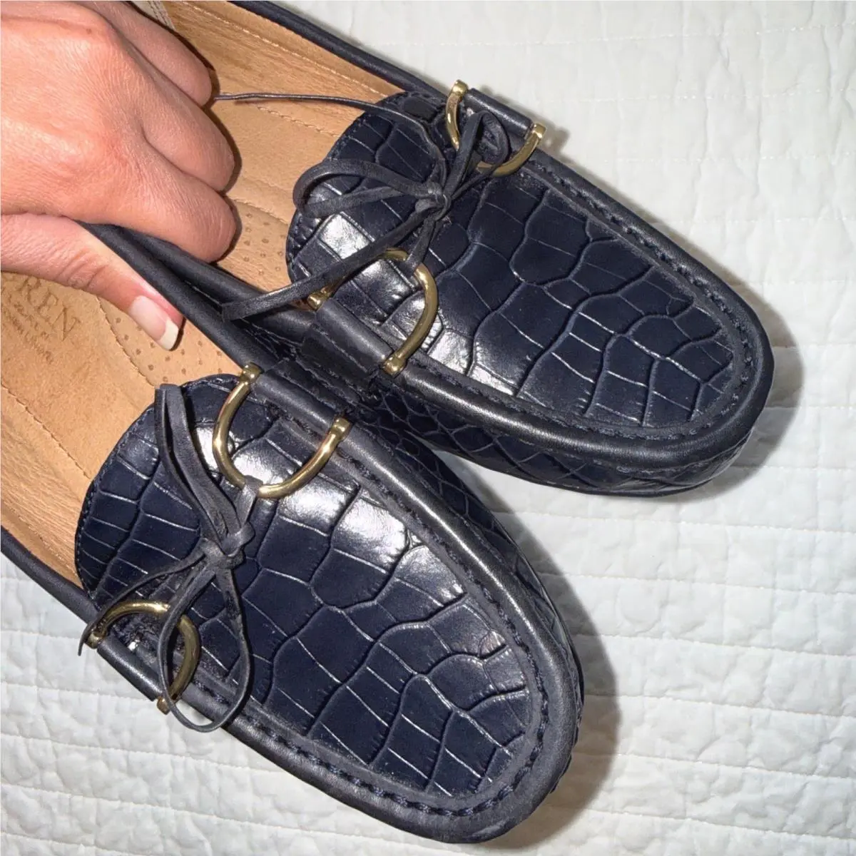Lauren Ralph Lauren Navy Blue Croc Embossed Leather Loafers Gold Size 6B