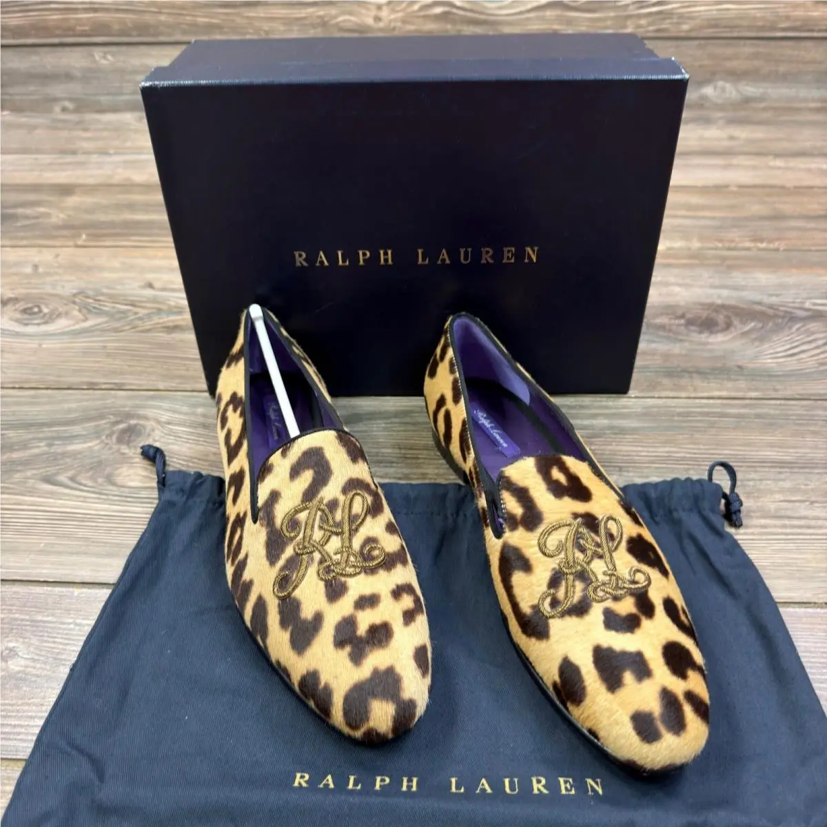 Ralph Lauren Womens EU 39 US 9 Alonzo Leopard Calf Hair Monogram Loafers