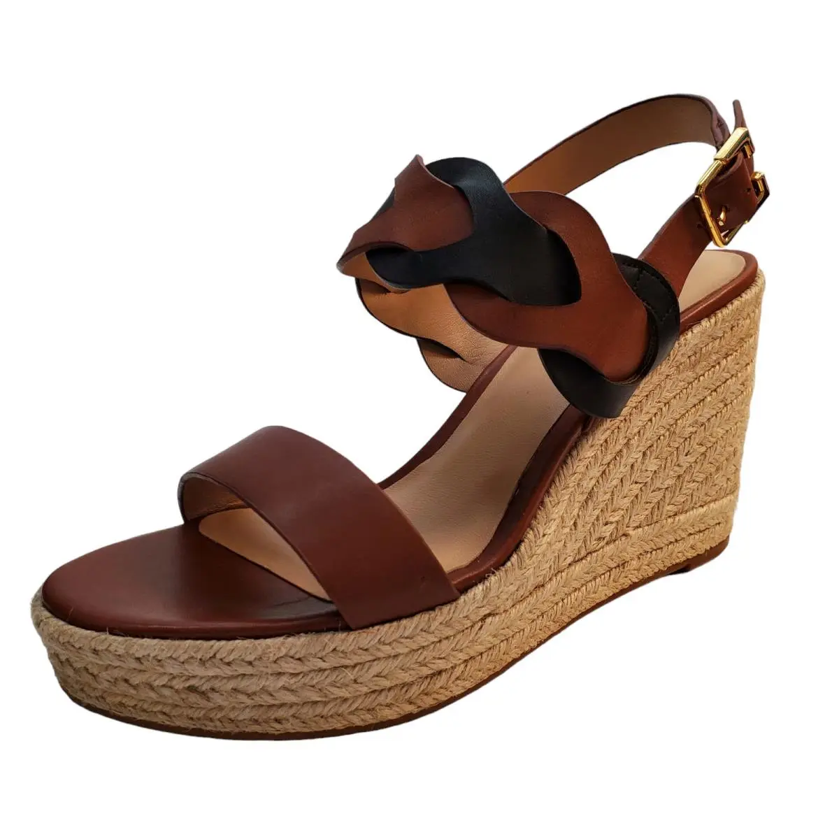Ralph Lauren Womens Hazell Leather Wedge Espadrille Sandals 8.5M Brown Tan
