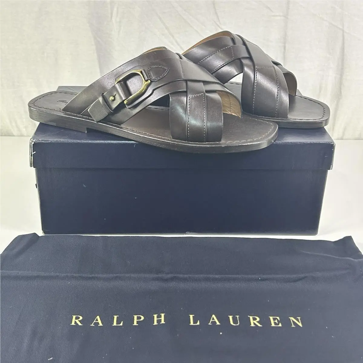 Ralph Lauren Purple Label Men Stirrup Sandal Brown Burnished Calf Leather Sz 10D