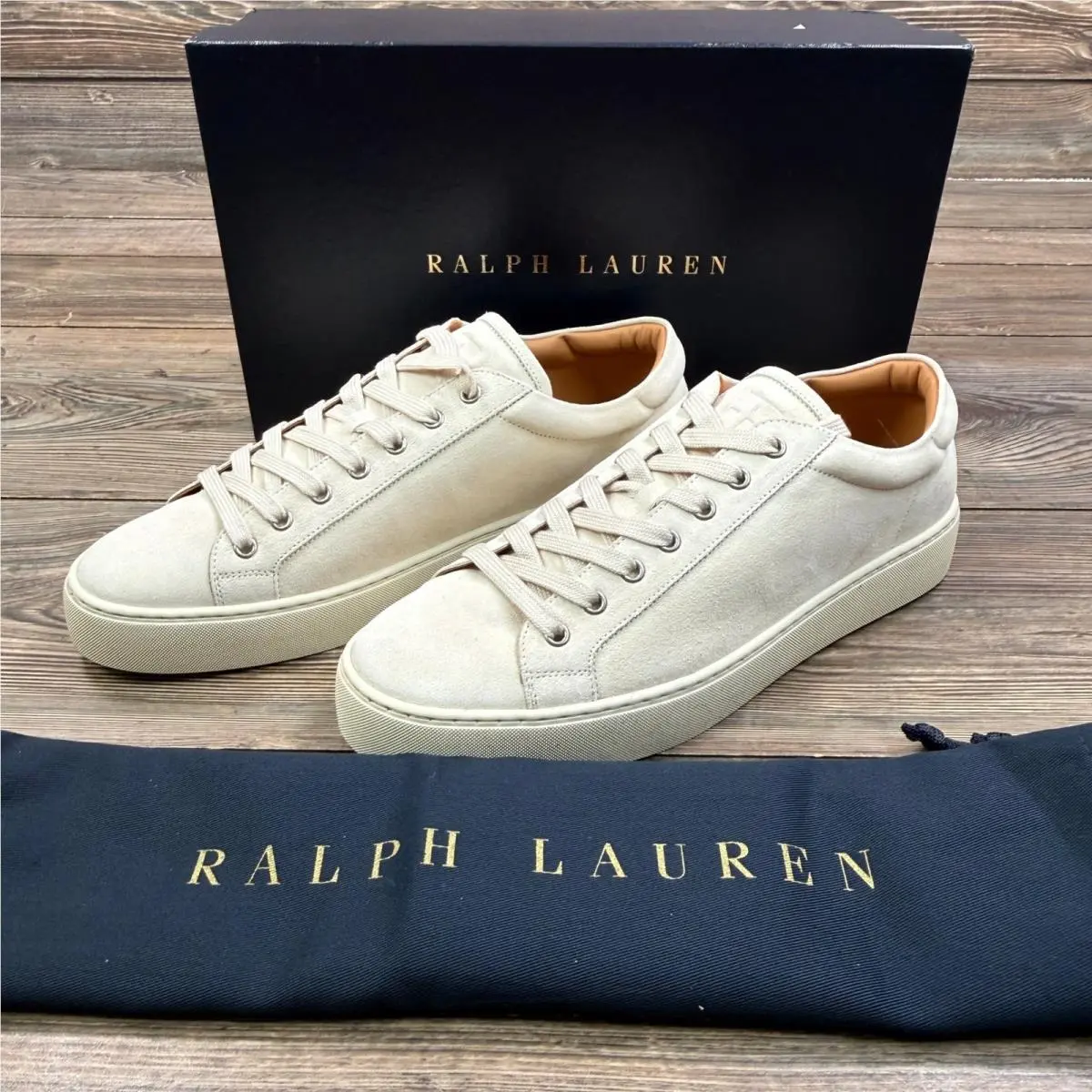 Ralph Lauren Mens 9D Severn RL Sneaker Cream Calf Suede Made in Italy