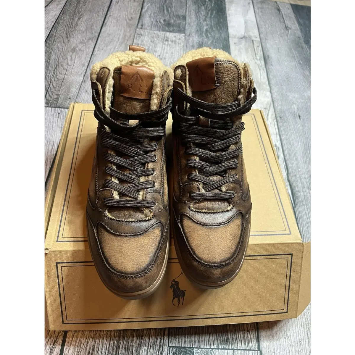 Polo Ralph Lauren Mens Brown Leather Shearling Court High Top Sneakers Sz 8.5