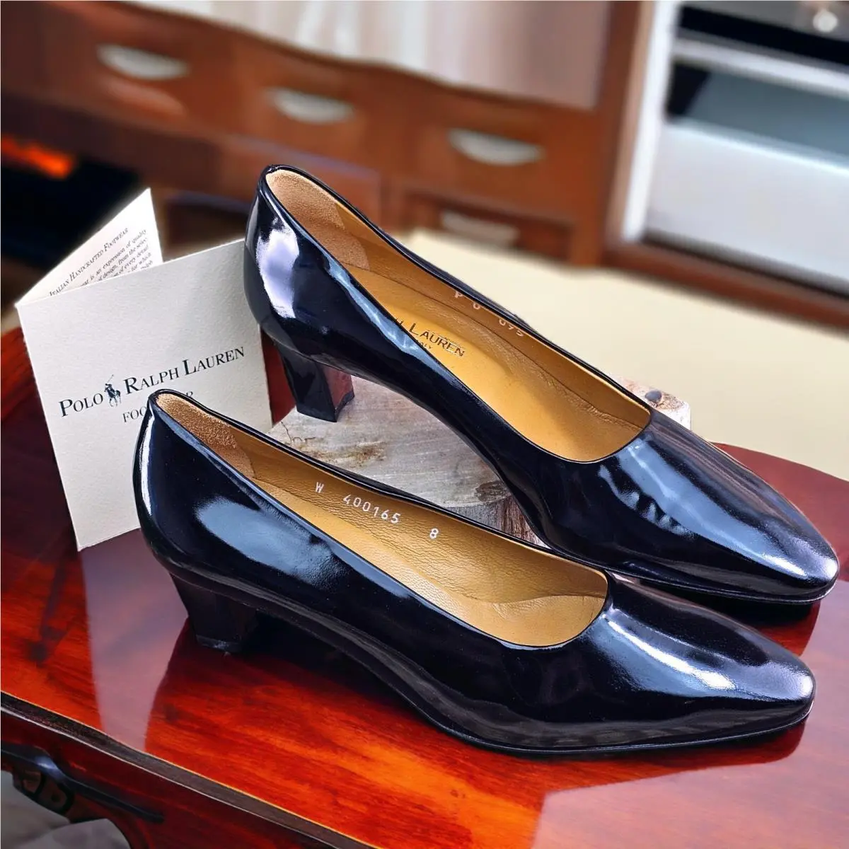 Vtg 90s Ralph Lauren Shoes Womens 8 Black Hi Polish Pump High Heel Leather Italy